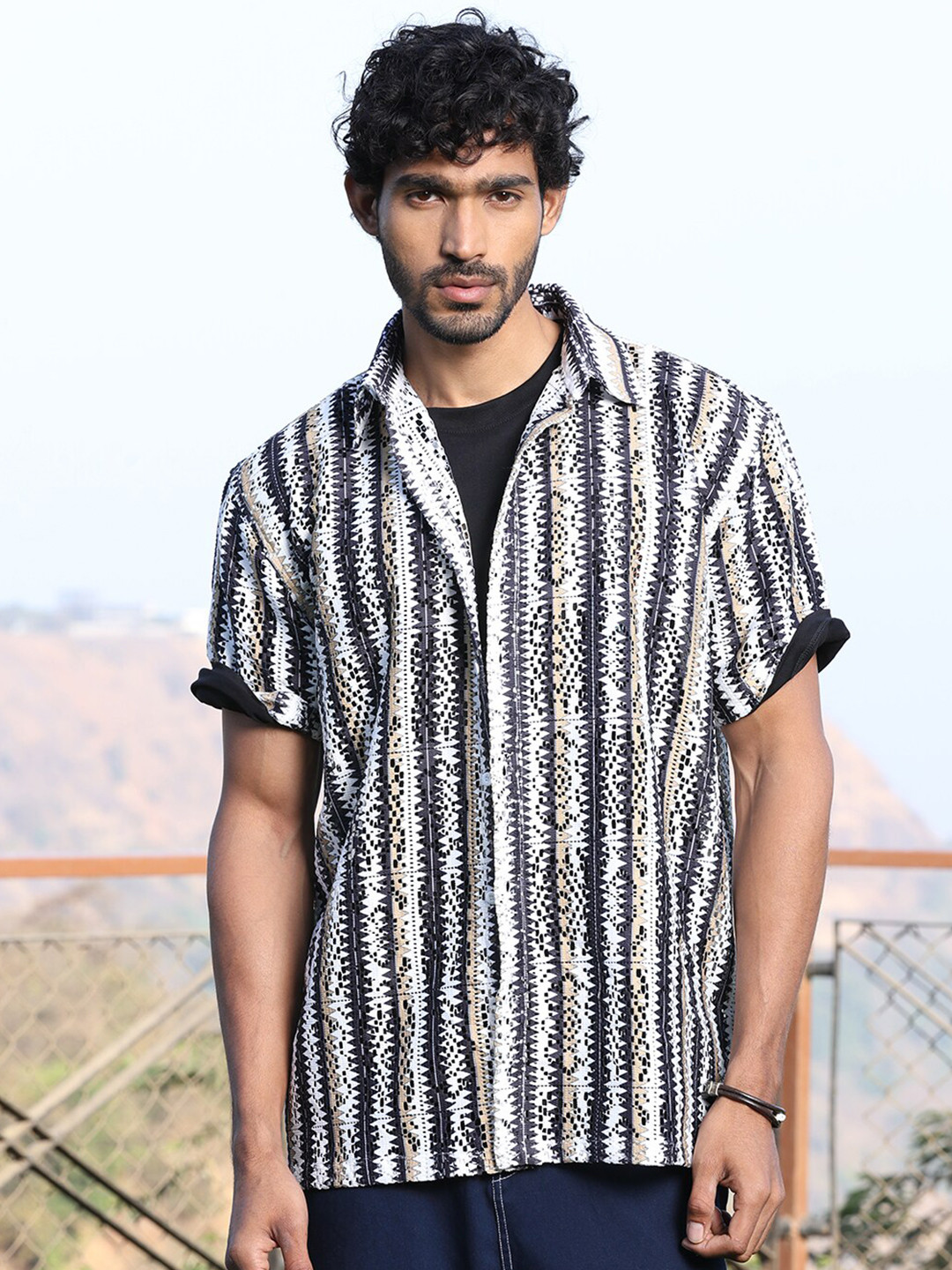 The Roadster Lifestyle Co. White Premium Crochet Semi Sheer Oversized Shirt