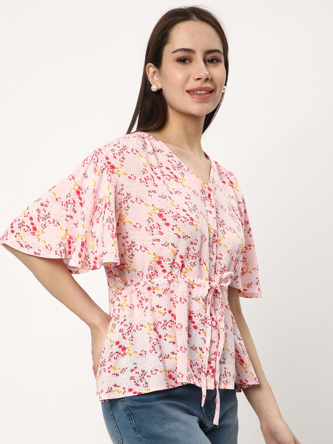 R&B V Neck Floral Print Flared Sleeve Cinched Waist Top