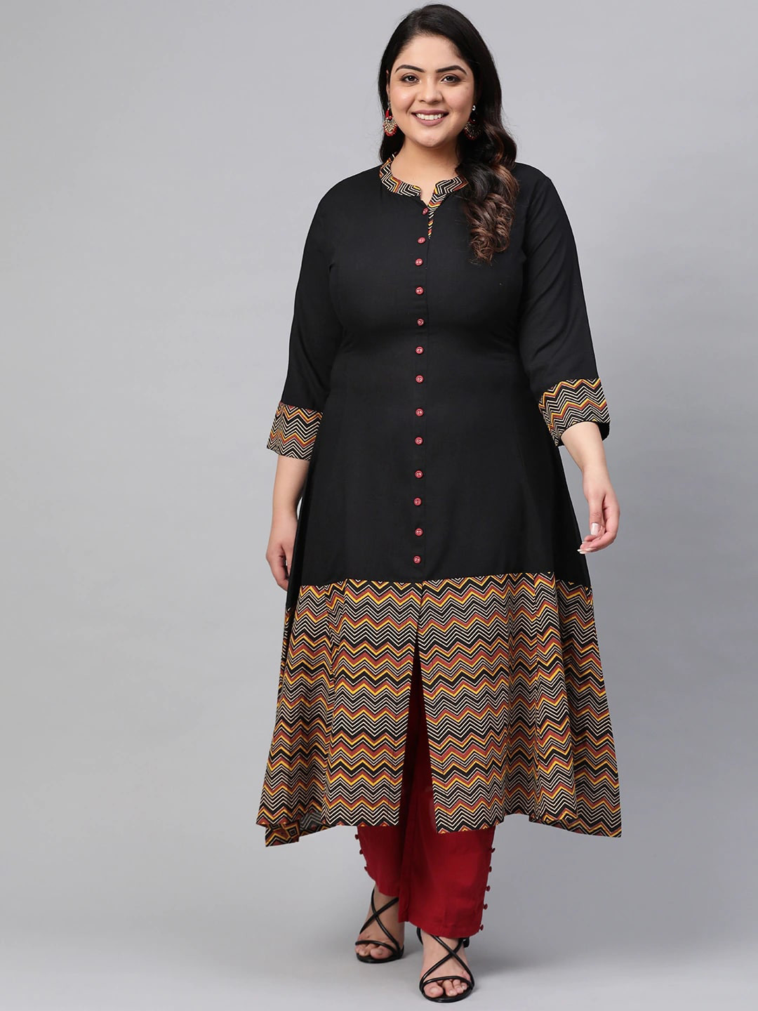 KALINI Geometric Woven Design Thread Work Mandarin Collar Layered Plus Size A-Line Kurta
