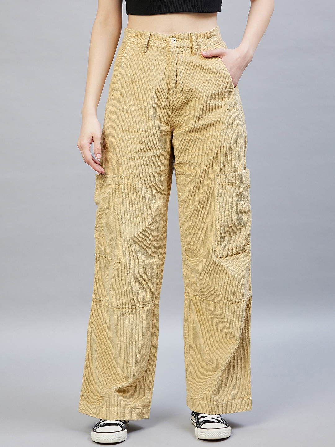 DELAN Women Relaxed Flared High-Rise Corduroy Easy Wash Cargos Trousers