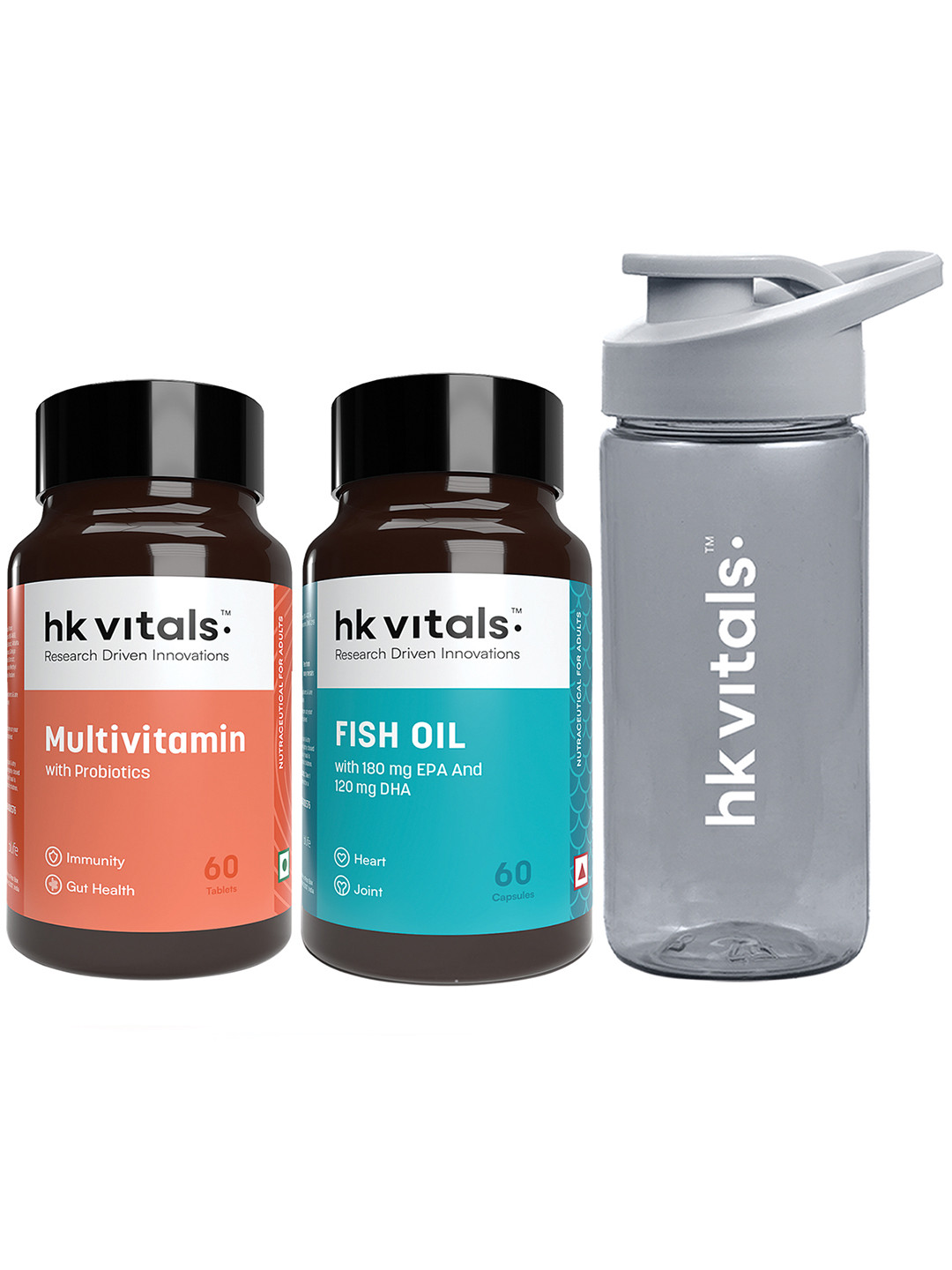 HK VITALS Multivitamin - 60 Tablets & Fish Oil Capsules - 60 Capsules With Sipper