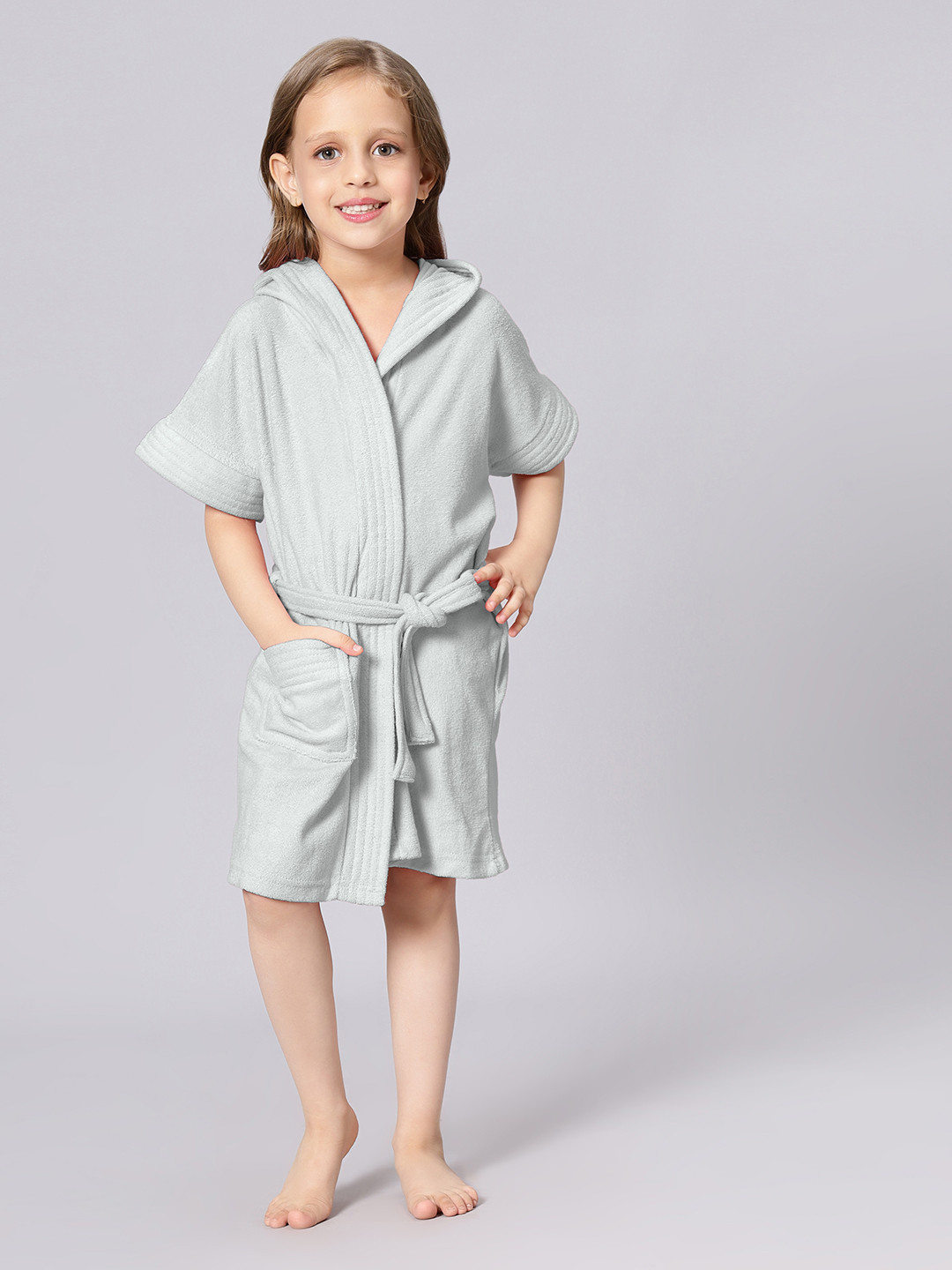 LacyLook Princess Grey Solid Cotton Drawstring Knee Length Bath Robe-M