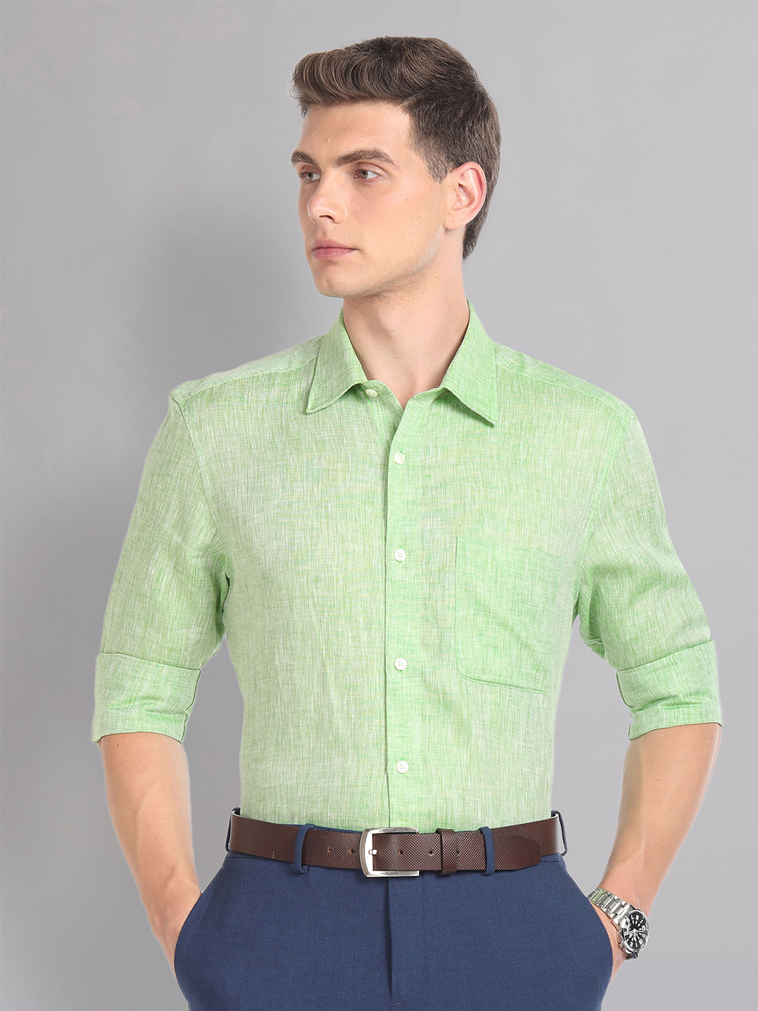 AD By Arvind Heathered Self Design Spread Collar Pure Linen Formal Shirt