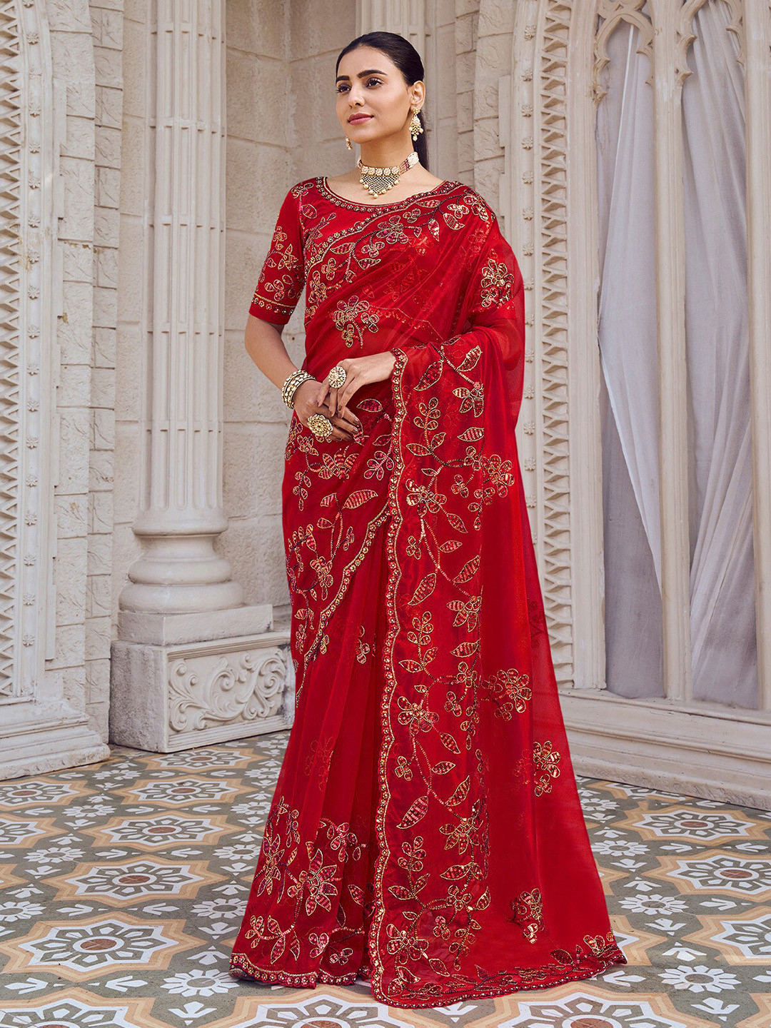 ODETTE Floral Embroidered Sequinned Net Saree