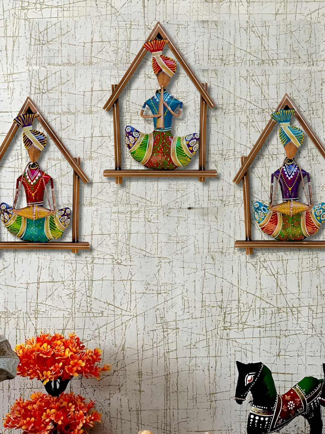 RSN 3 Rajasthani Hut Musicians Metal Ethnic Motifs Glossy Hall 3Pcs Wall Hangings-11In