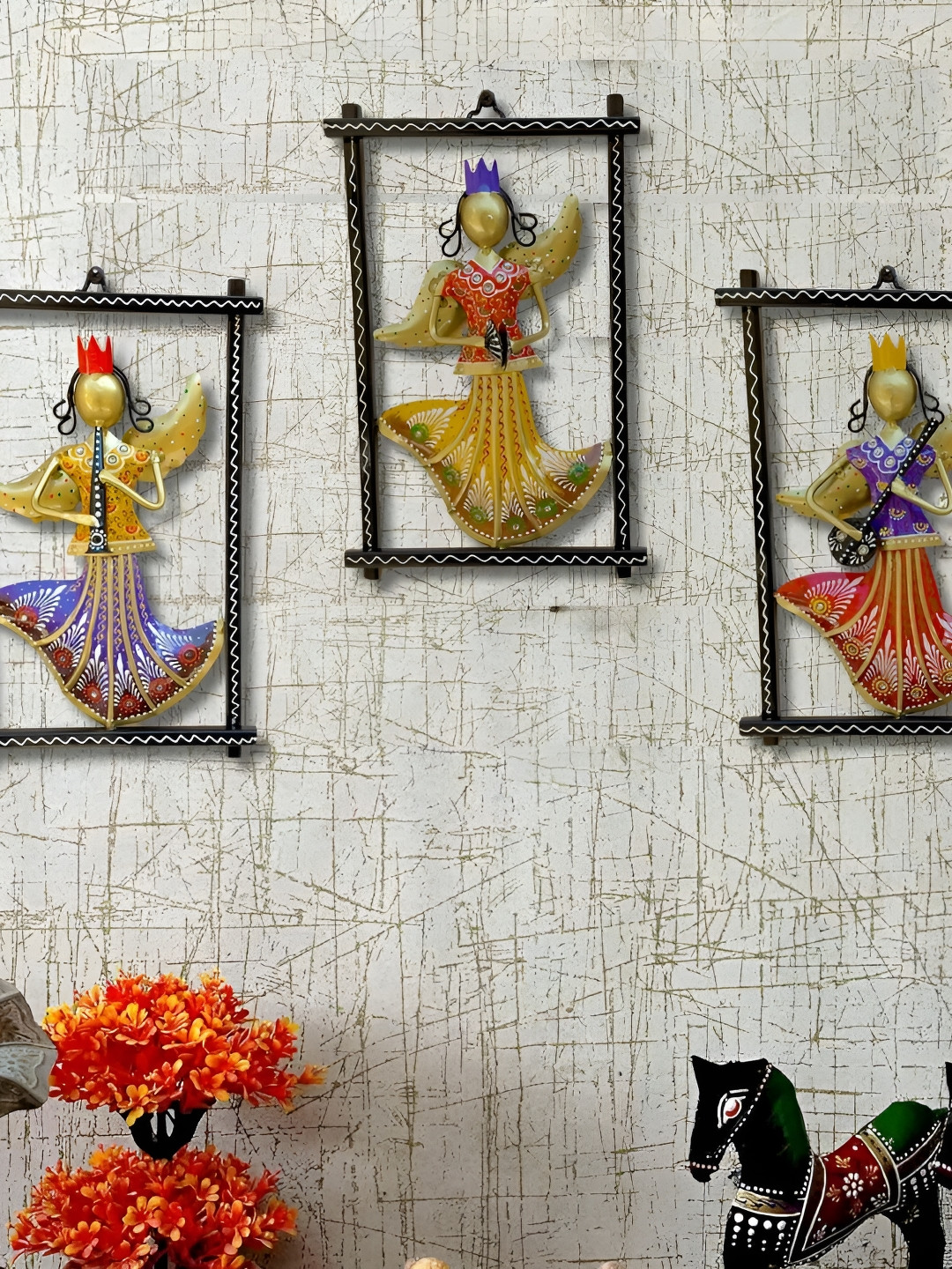 RSN 3 Rajasthani Pari Musician Metal Ethnic Motifs Glossy Hall 3Pcs Wall Hangings-12In
