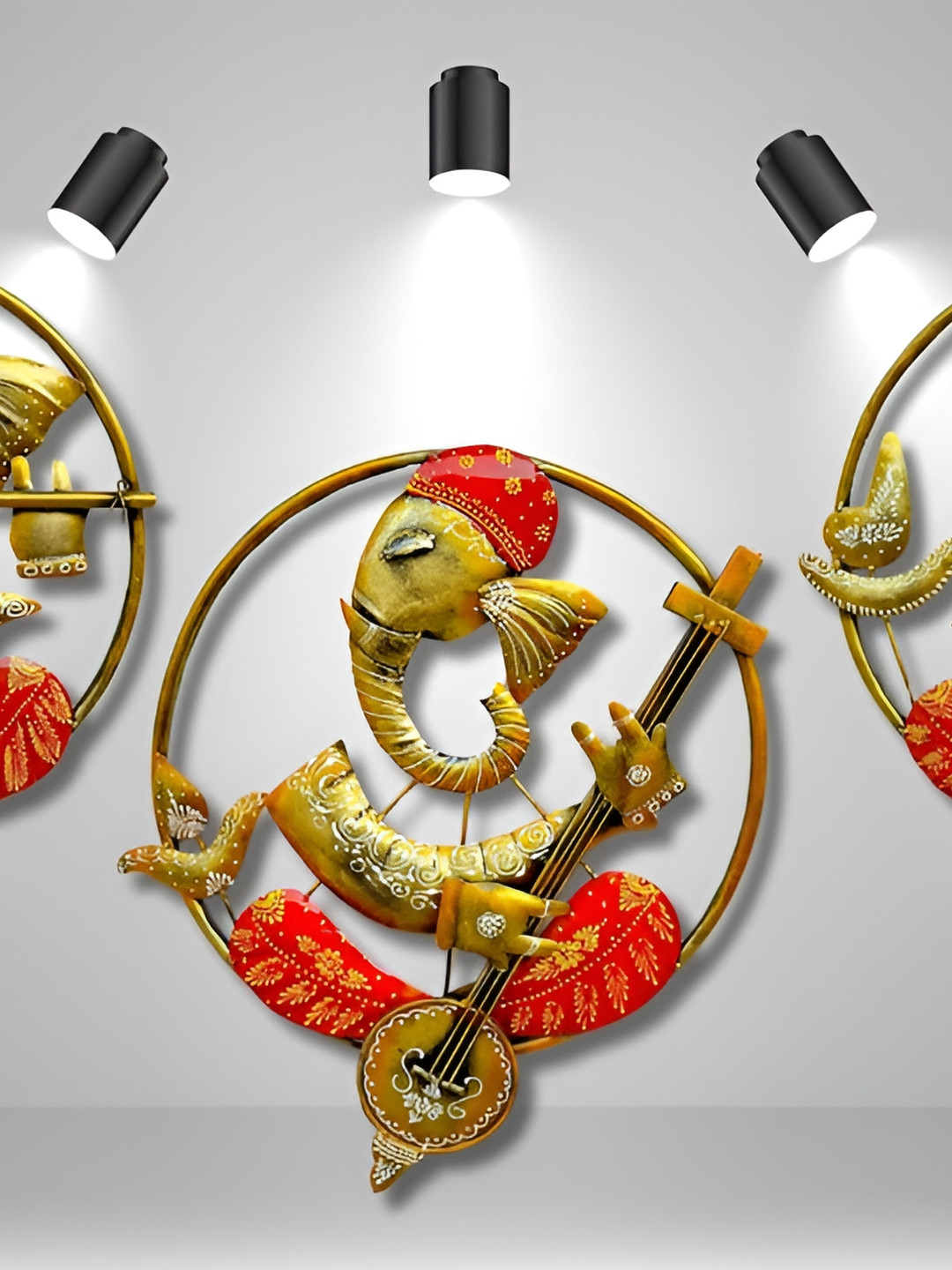 RSN Metal Ethnic Motifs Glossy Hanging Hall 3Pcs Spiritual Wall Decor-17.7In