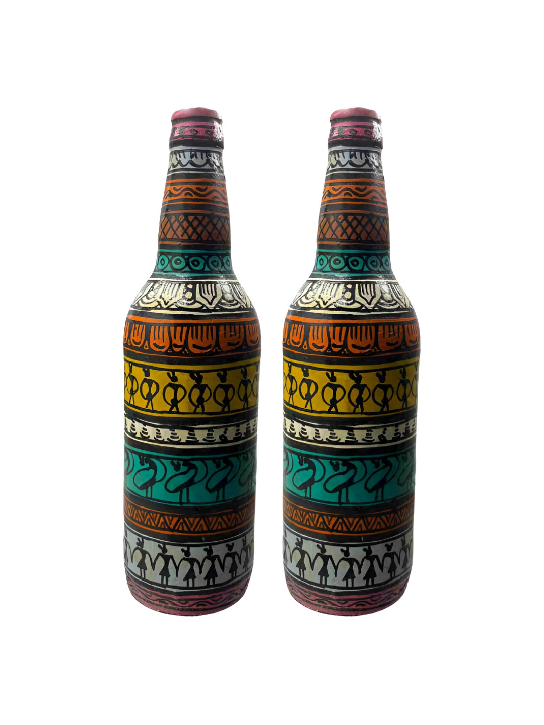 INDIA MEETS INDIA Warli Big Bottle Navy Blue Glass Matte Living Room Set of 2 Medium Showpieces - 11 Inches