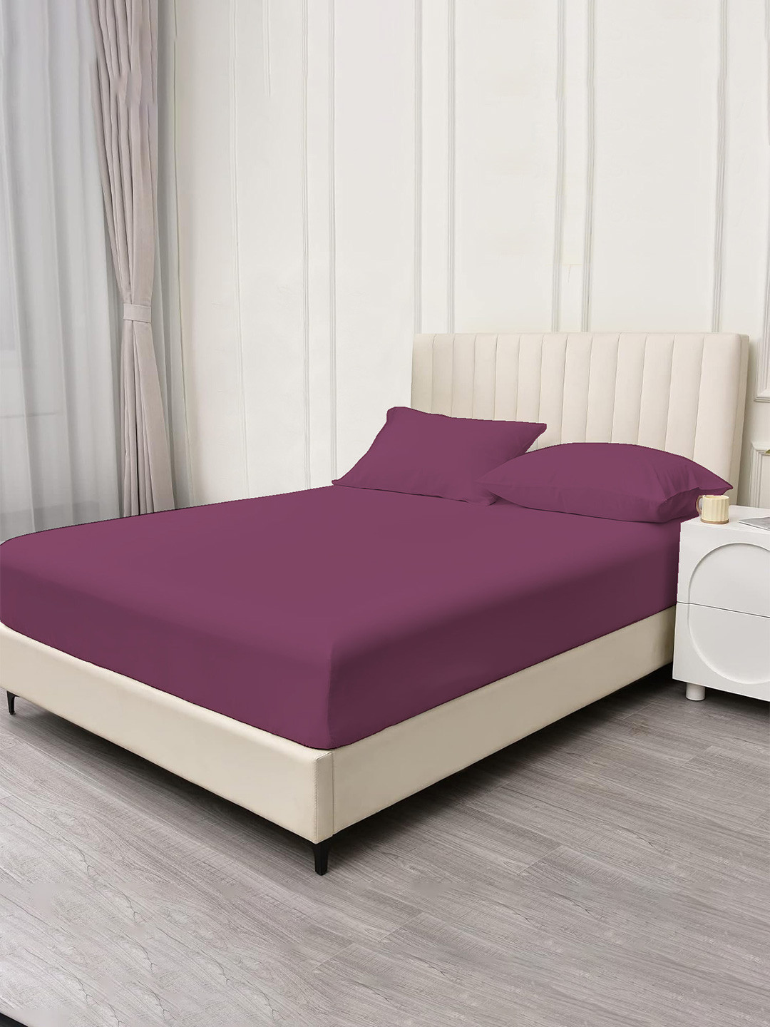Trance Home Linen Purple Pure Cotton Ultrasonic 400 TC Fitted King Superfine Bedsheet with 2 Pillow Covers-78 x 72 inches