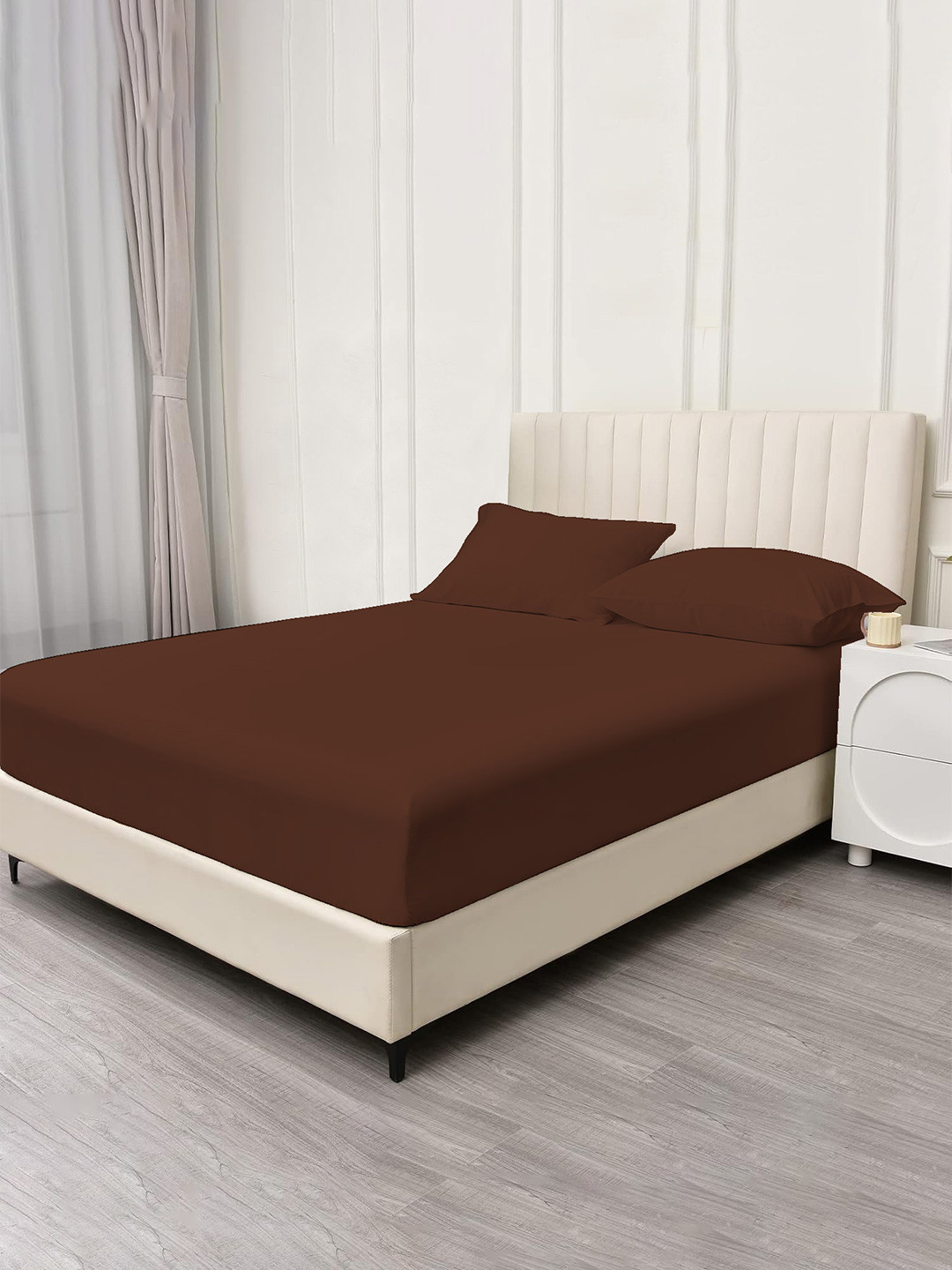 Trance Home Linen Premium Brown Cotton 400 TC Fitted Queen Superfine Bedsheet with 2 Pillow Covers-78 x 60 inches