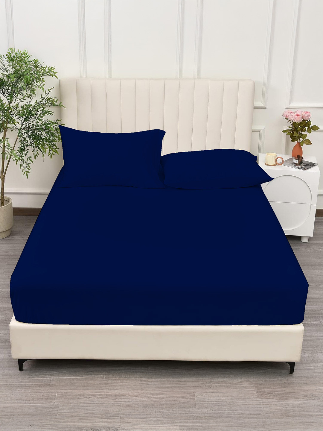Trance Home Linen Navy Blue Solid Pure Cotton Breathable 400 TC Fitted Single Superfine Bedsheet with a Pillow Cover-198 x 91.44 cm