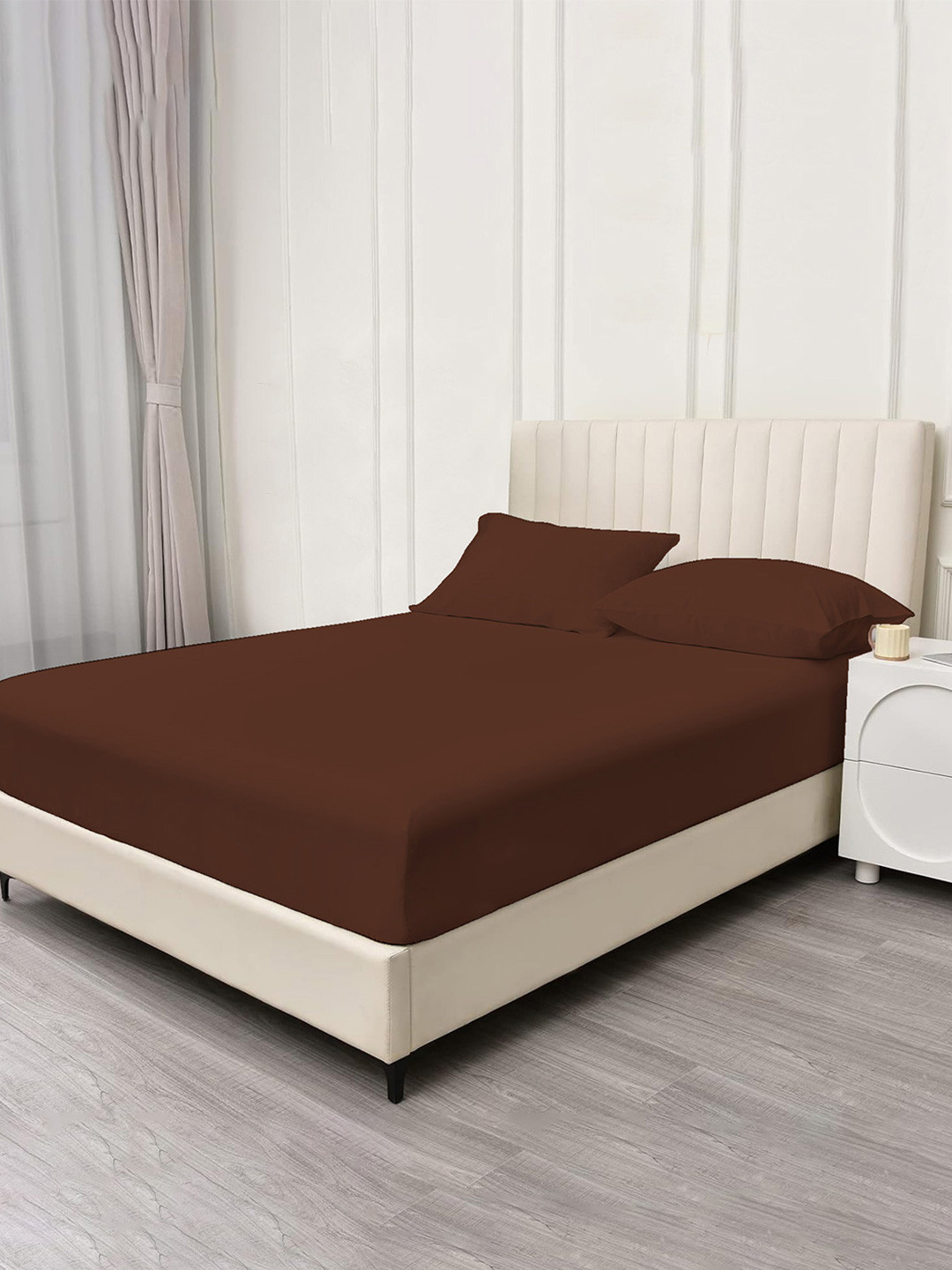 Trance Home Linen Brown Cotton Breathable 400 TC Fitted King Superfine Bedsheet with 2 Pillow Covers-78 x 72 inches