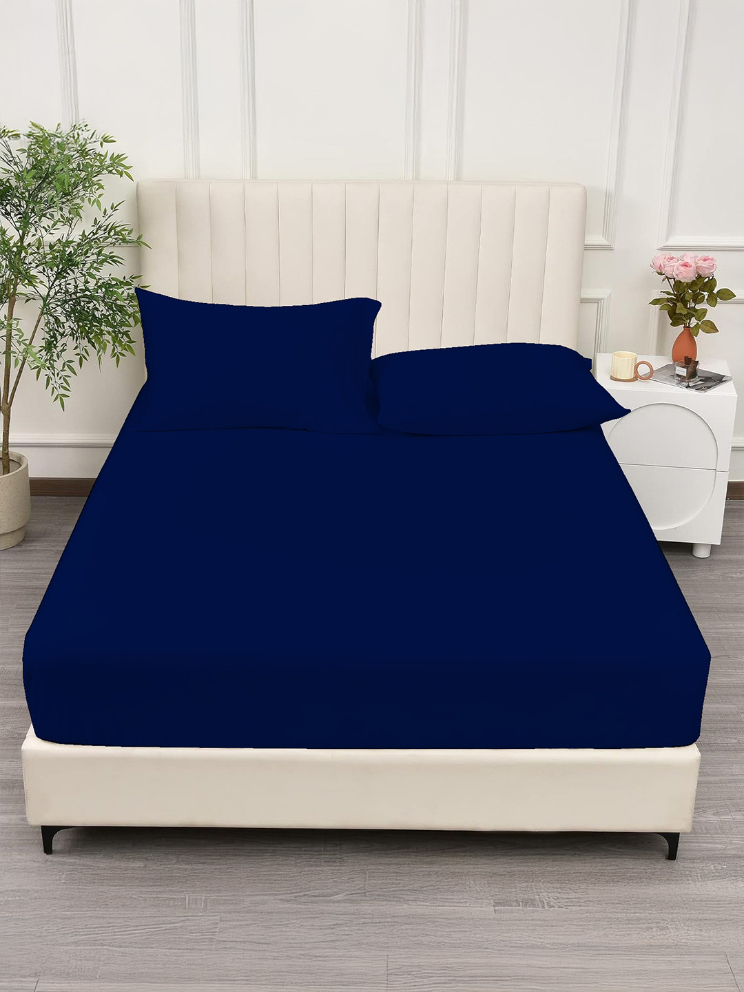 Trance Home Linen Navy Blue Cotton Skin-Friendly 400 TC Fitted Queen Superfine Bedsheet with 2 Pillow Covers-198.5 x 60 inches