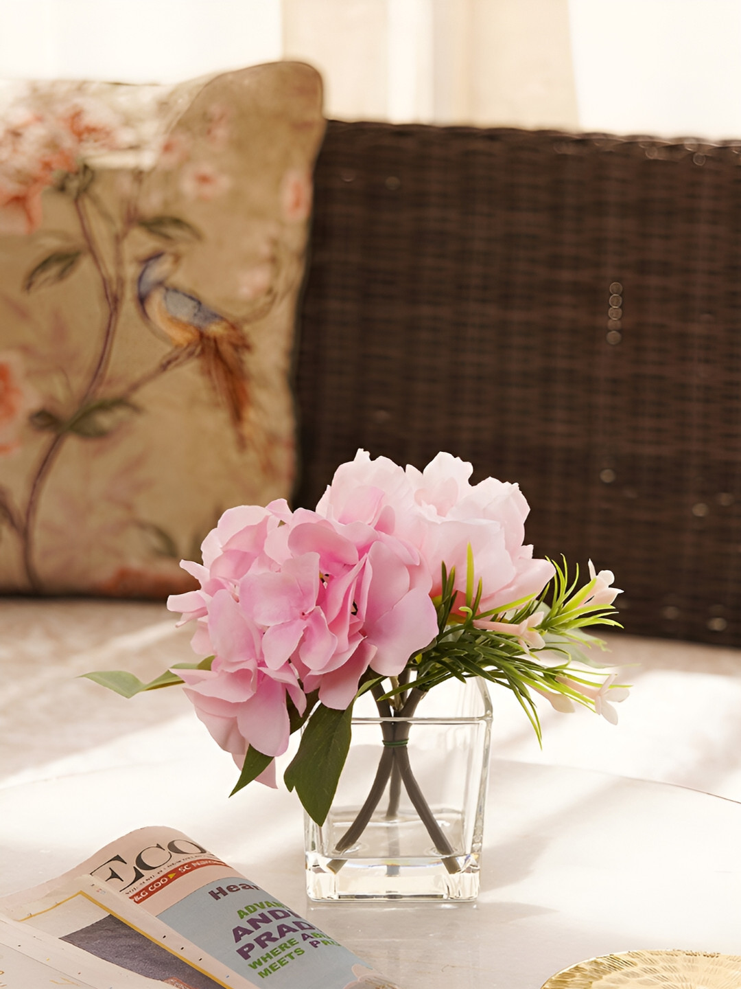 Pure Home and Living Pink & Green Artificial Plant with Glass Vase