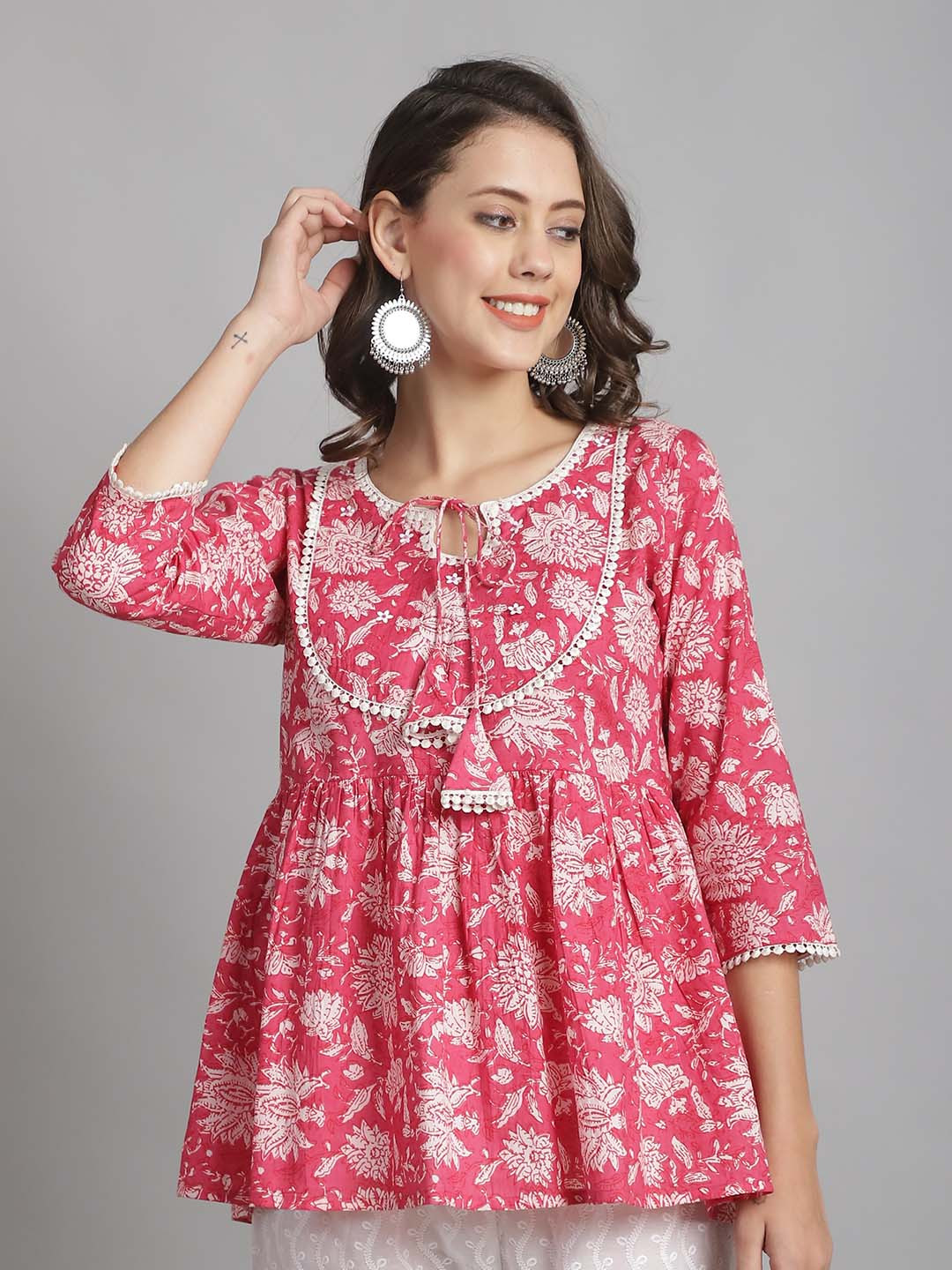 Roly Poly Printed Tie-Up Neck Cotton Top