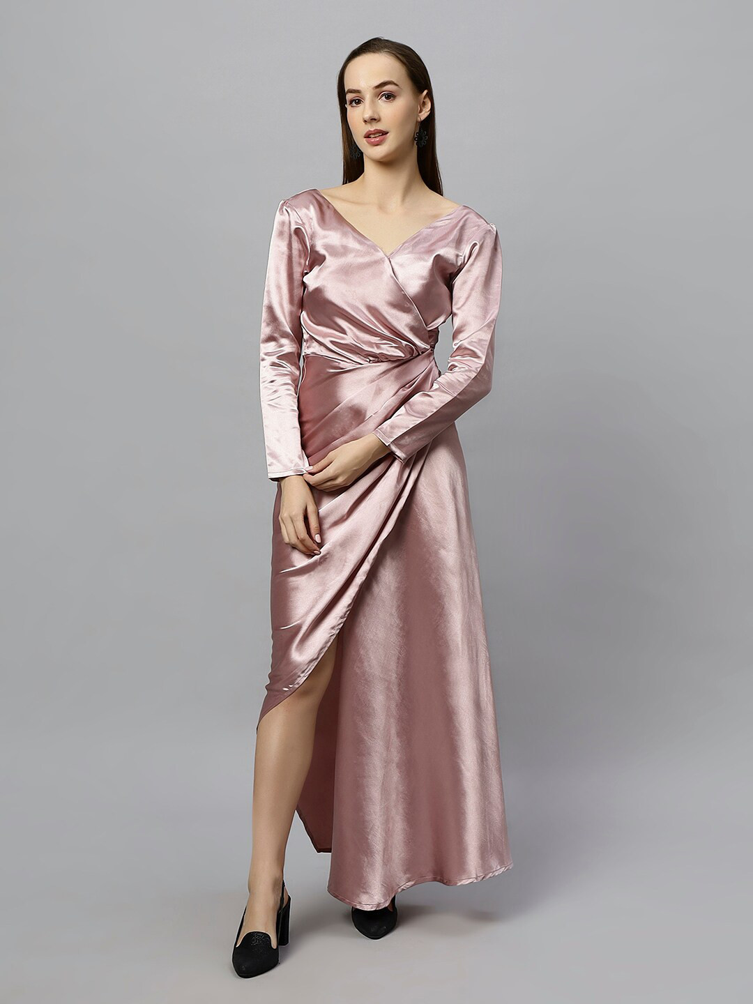 DressBerry Pink V-Neck Satin Maxi Dress