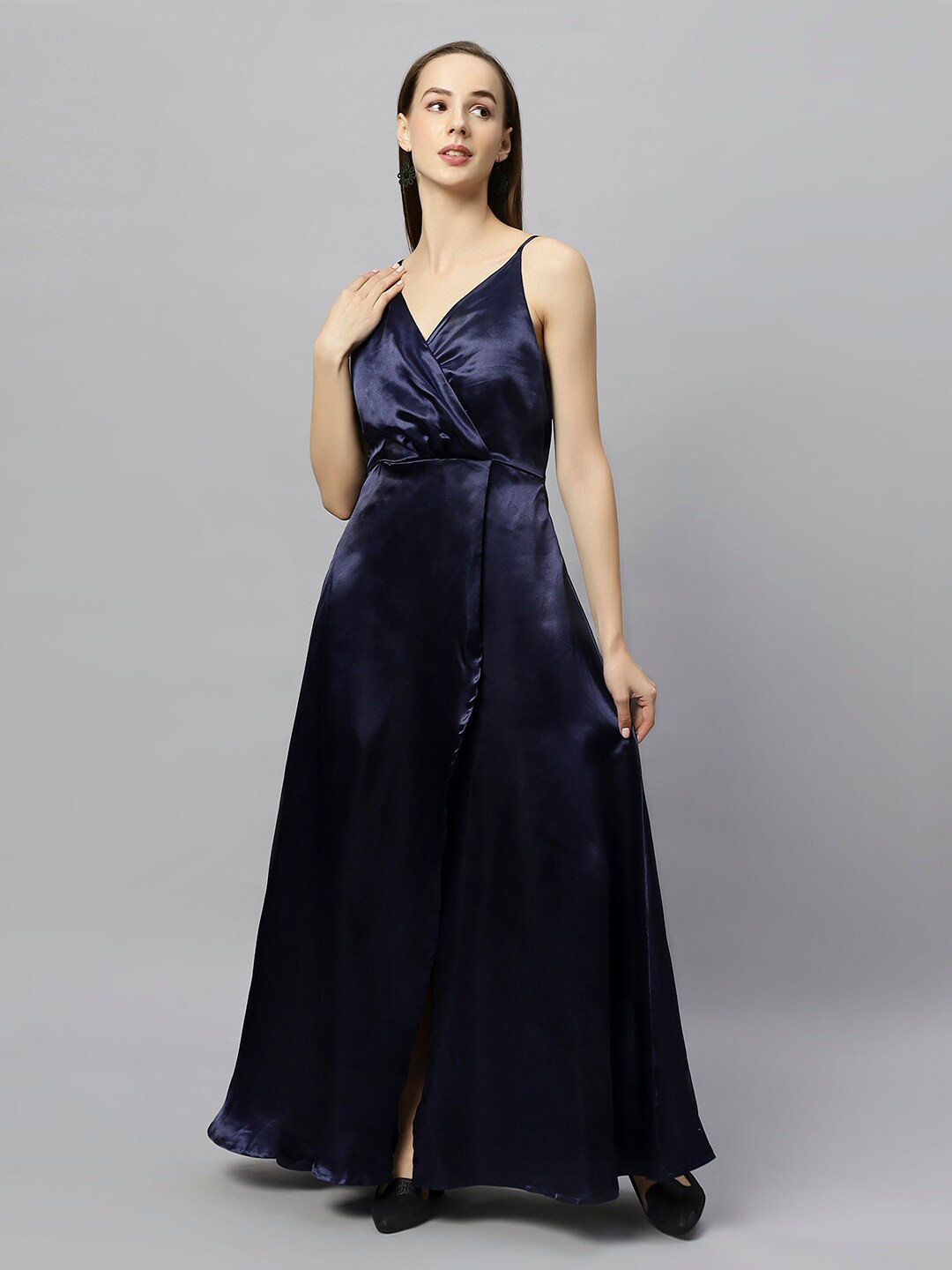 DressBerry Navy Blue Shoulder Straps Satin Maxi Dress