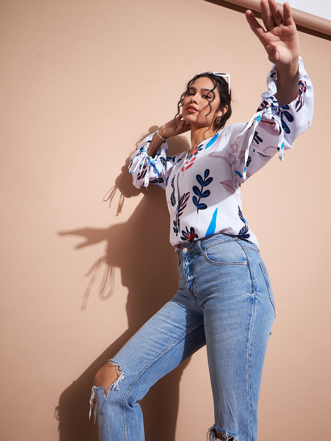 DressBerry Floral Printed Puff Sleeves Crepe Top