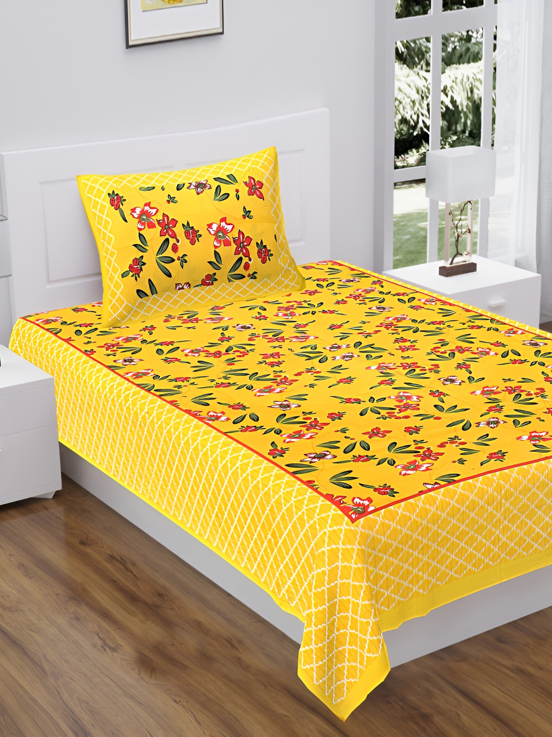 UNIBLISS Yellow Floral Cotton 144 TC Single Bedsheet with a Pillow Cover-59 x 79 inches
