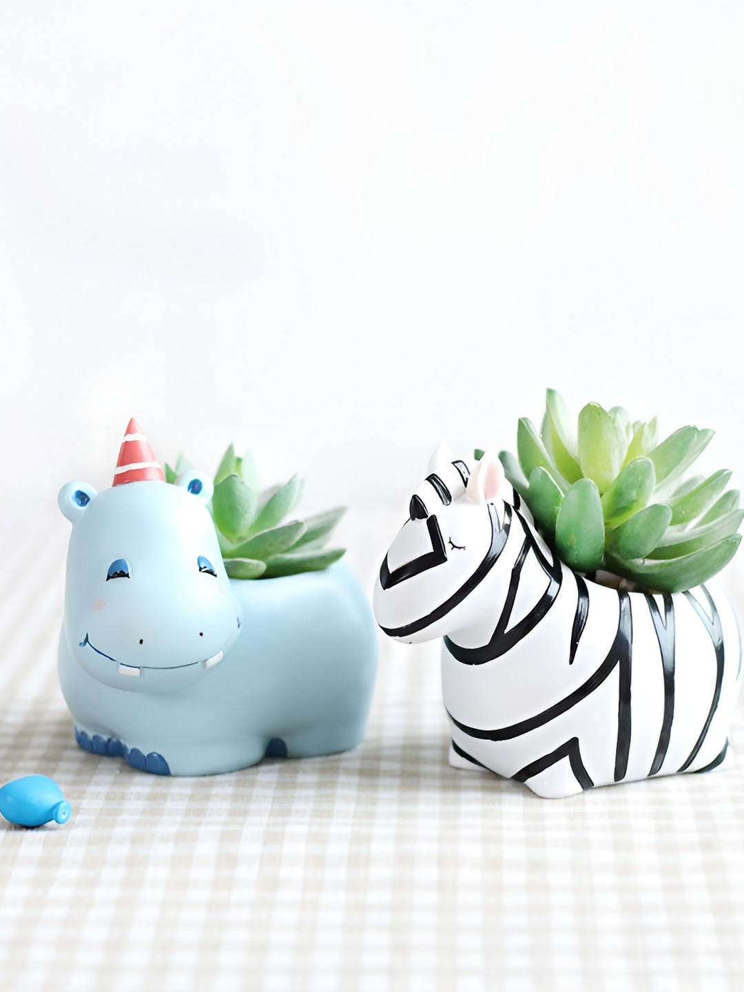 Garden Deco White & Black 2 Pieces Ceramic Cute Zebra & Hippo Planters