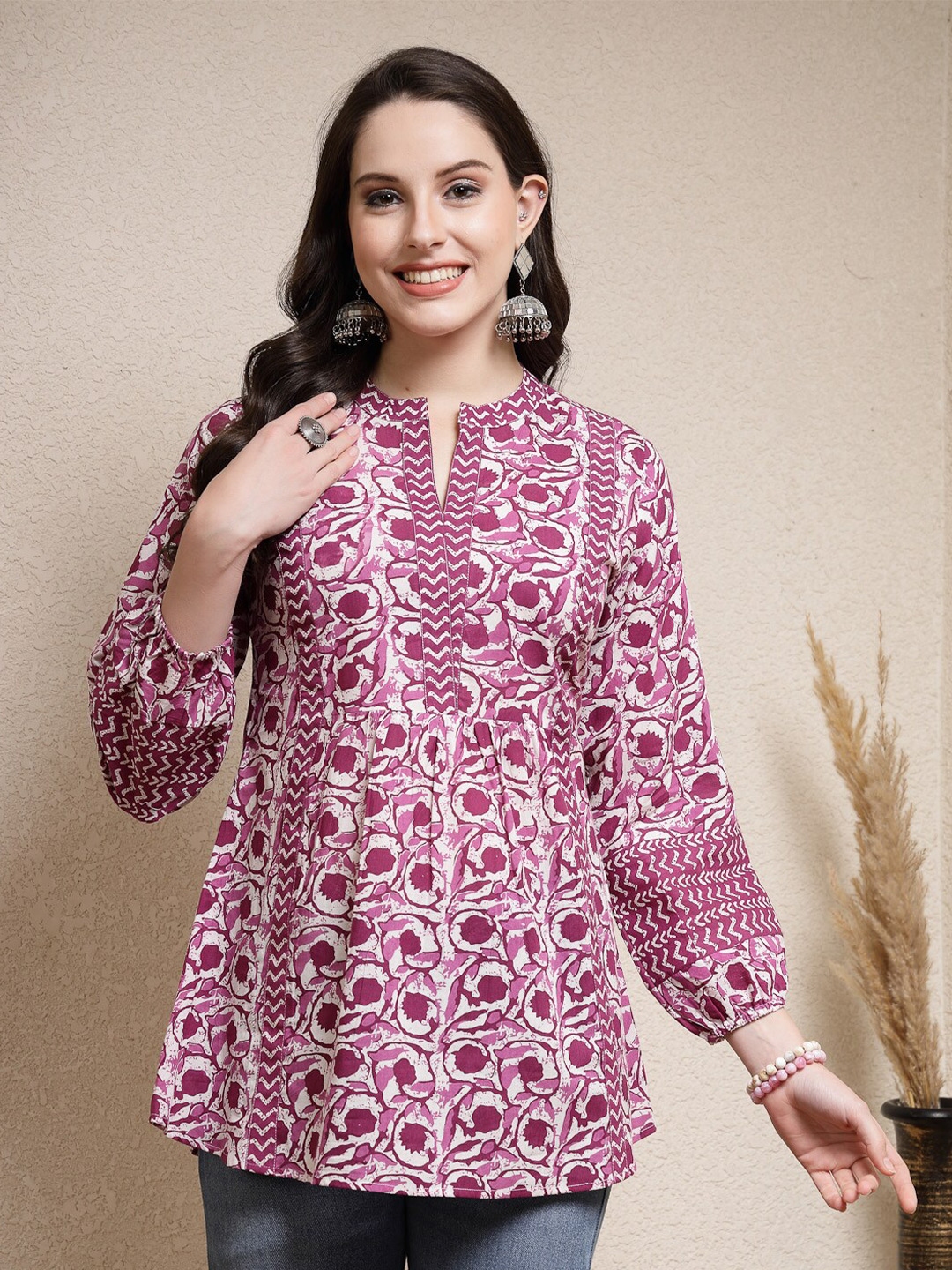 Stylum Print Mandarin Collar Pure Cotton Top