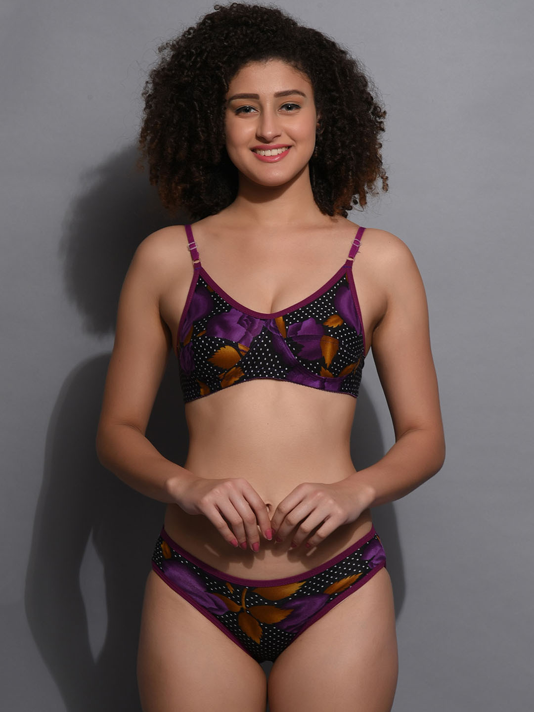 Fihana Printed Cotton Non Padded Lingerie Set FHN-444-PURPLE-30