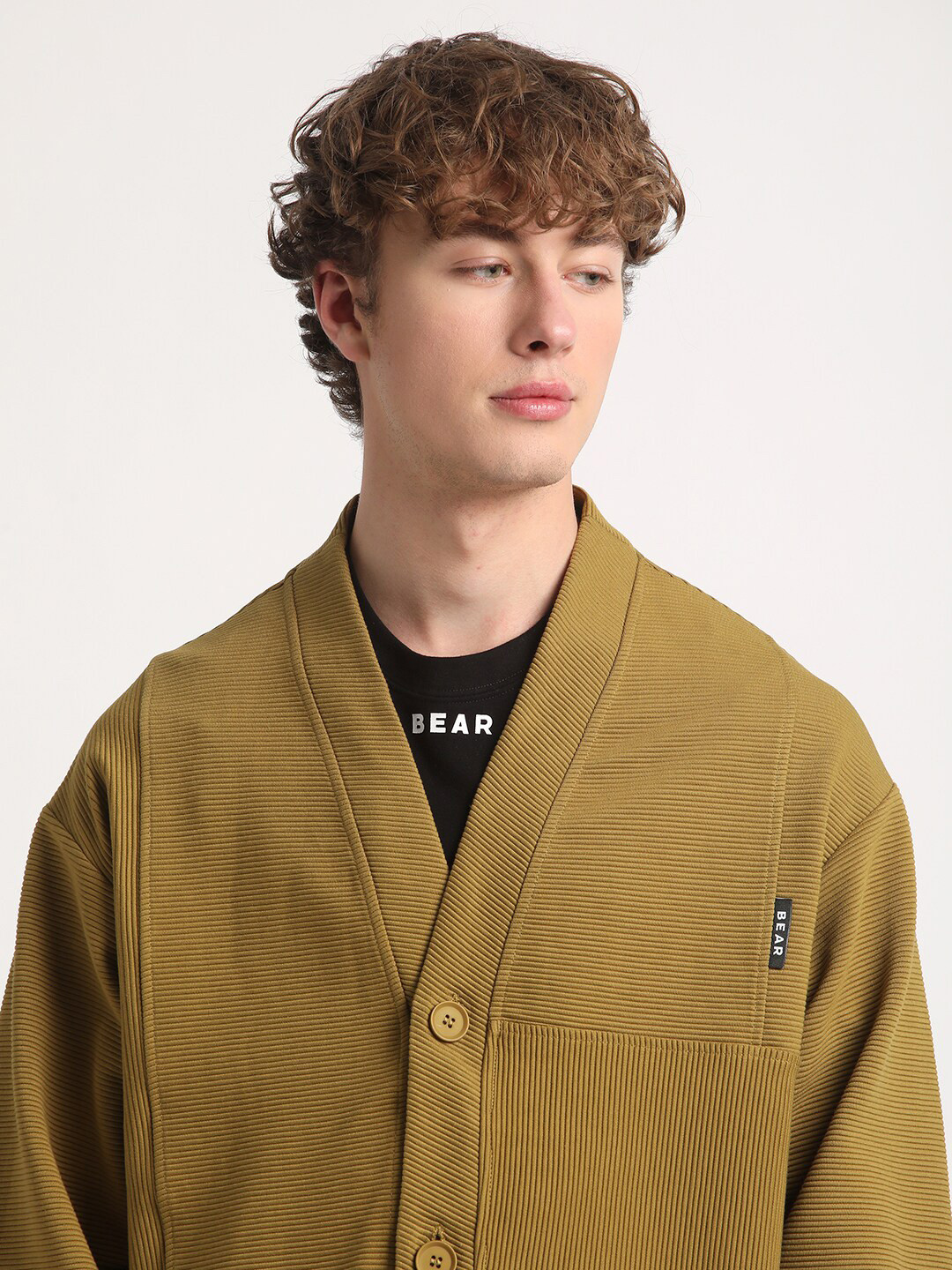 THE BEAR HOUSE Self Design V-Neck Front-Open Sweatshirt