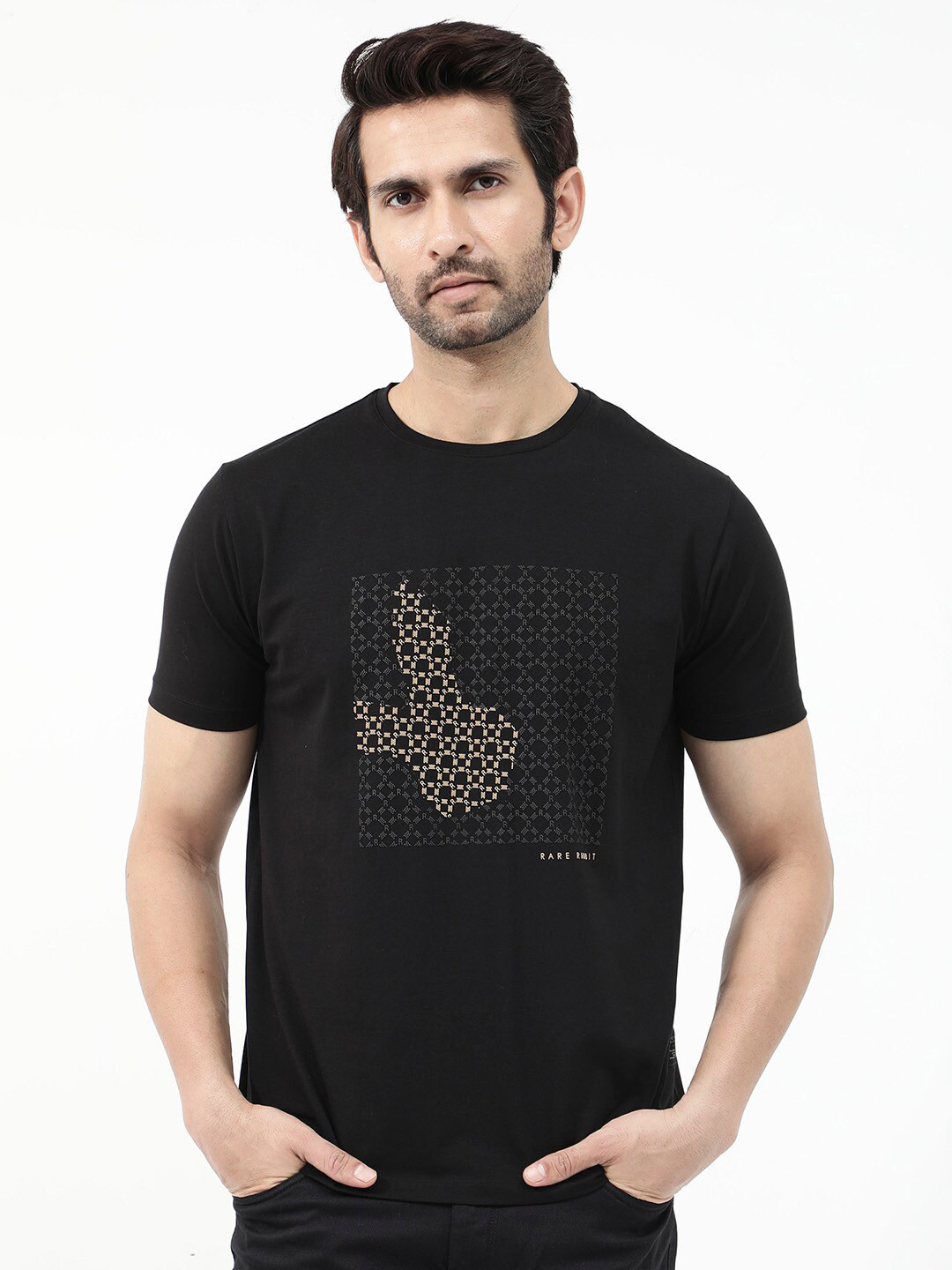 RARE RABBIT Men Gene Geometric Printed Round Neck Short Sleeves Regular T-Shirt