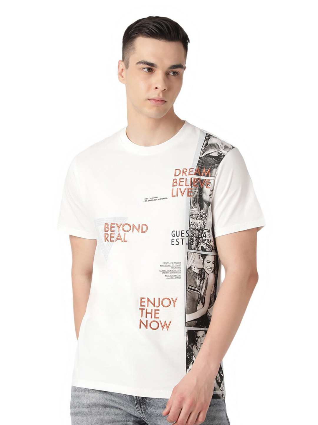 GUESS Typography Printed Round Neck Short Sleeves Cotton Casual T-shirt