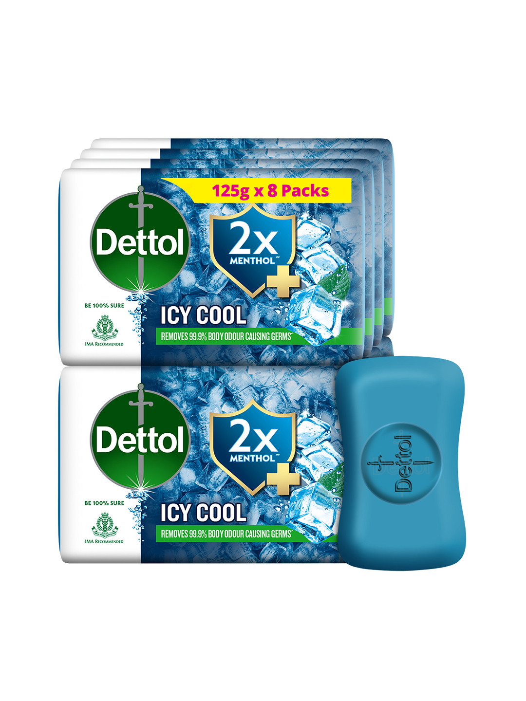 Dettol Set Of 8 Icy Cool Bathing Bar Soap With 2x Menthol To Remove Body Odour - 125g Each