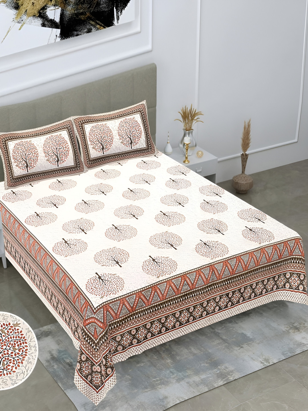 Polo Plus White Floral Cotton 120 TC King Bedsheet with 2 Pillow Covers-79 x 79 inches