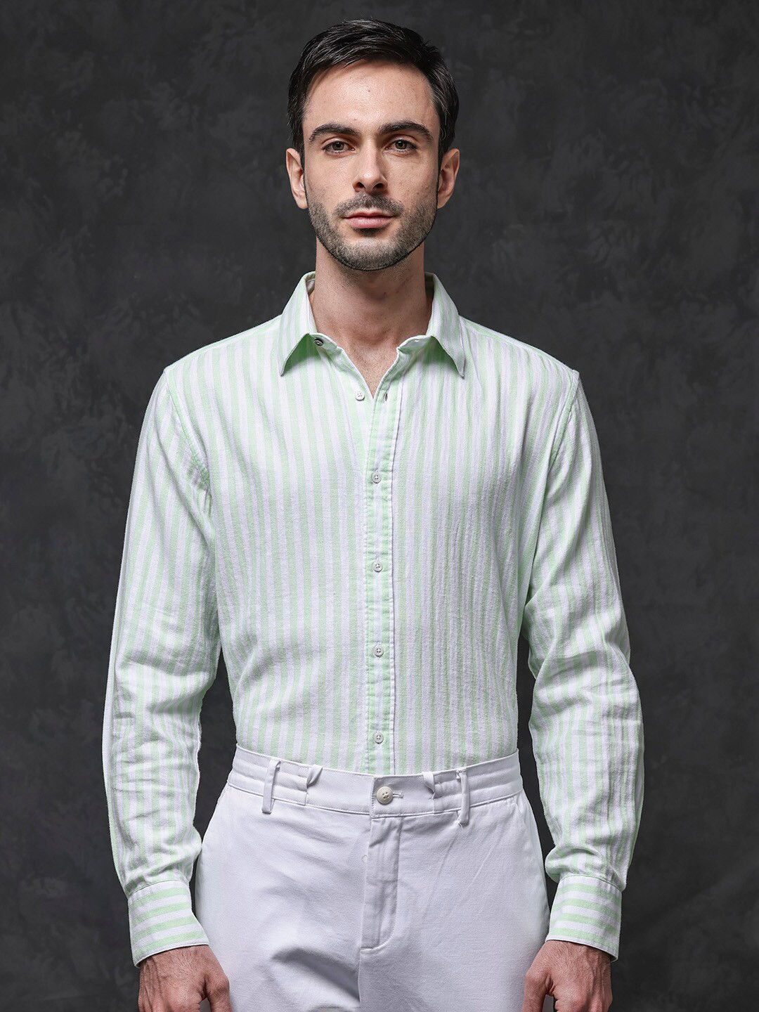 RARE RABBIT Men Dopple Regular Fit Classic Striped Spread Collar Shirt