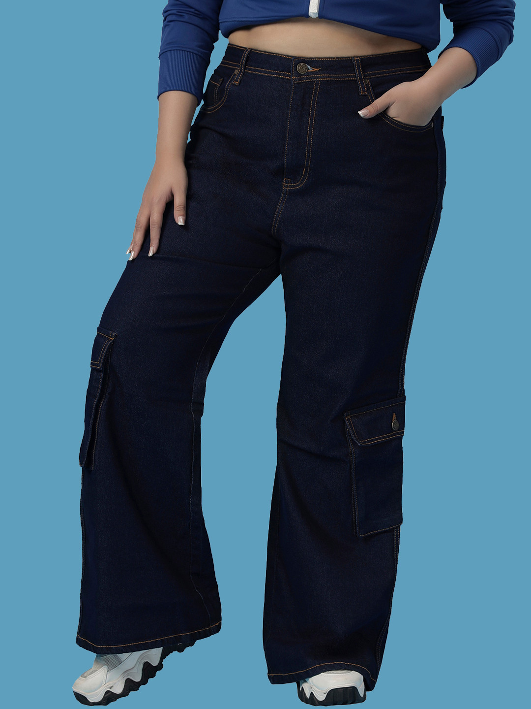 Turning Blue Women Plus Size Flared Leg Cargo Jeans