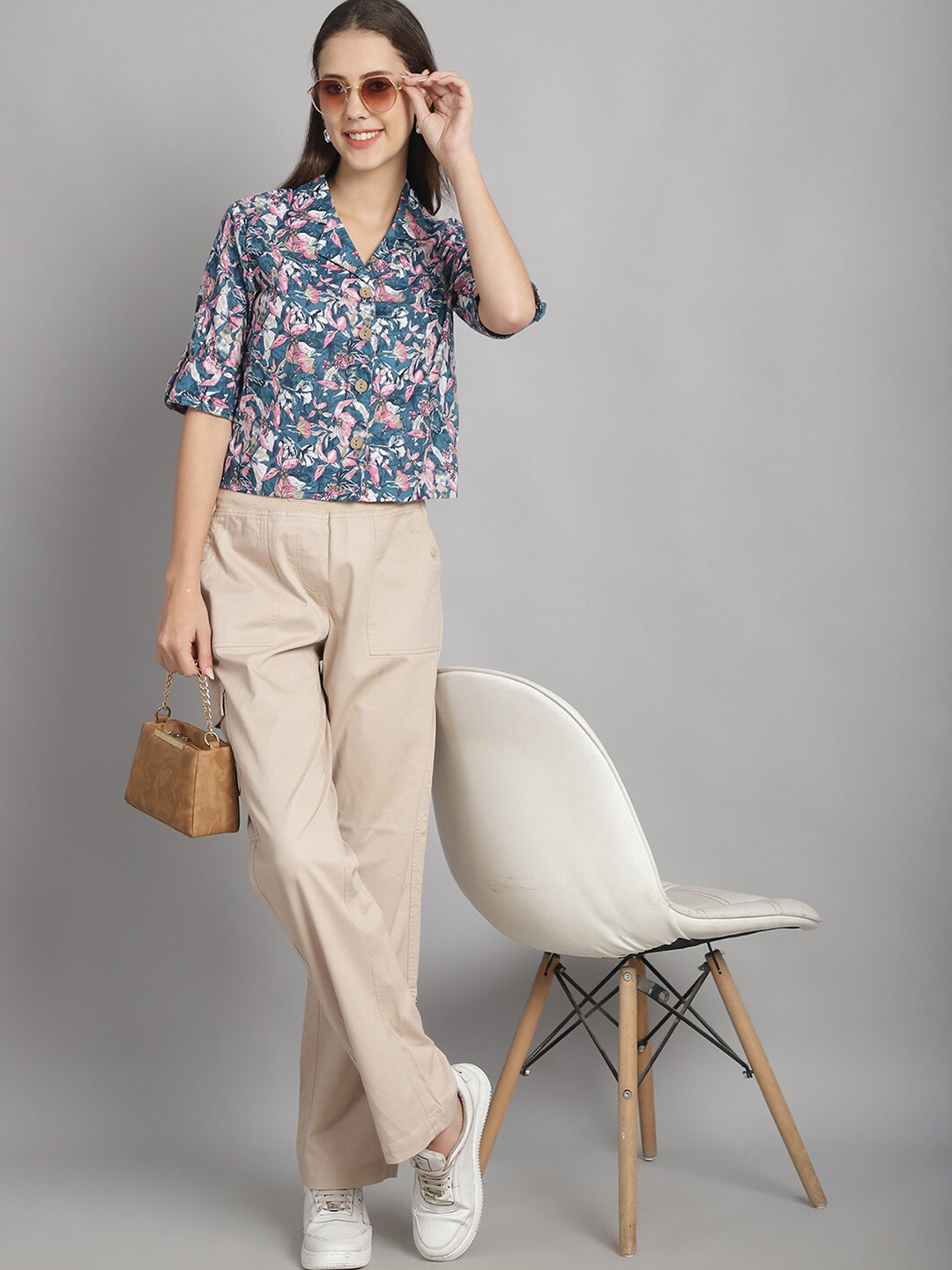 Frempy Floral Printed Roll-Up Sleeves Shirt Collar Pure Cotton Top