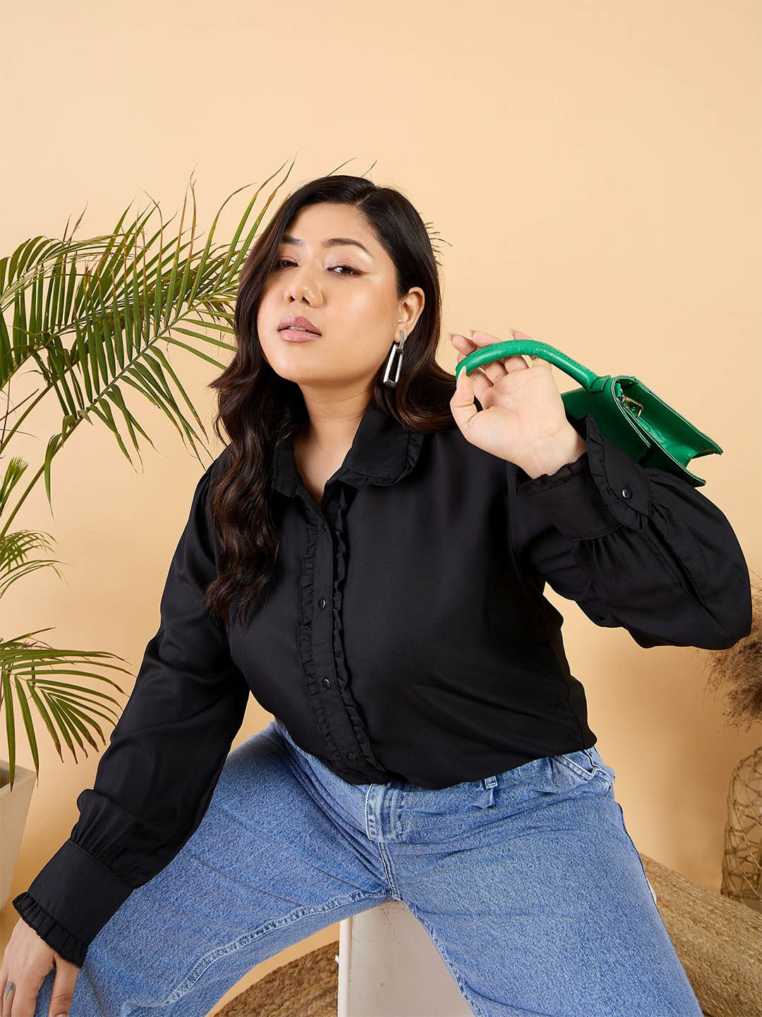 CURVY STREET Plus Size Opaque Frilled Casual Regular Fit Shirt