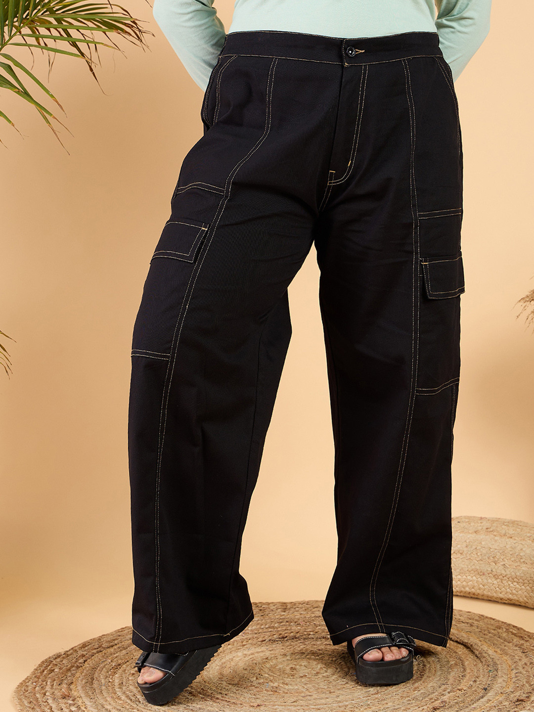 CURVY STREET Women Plus Size Black Loose Fit Mid-Rise Plain Wide Leg Cotton Trousers