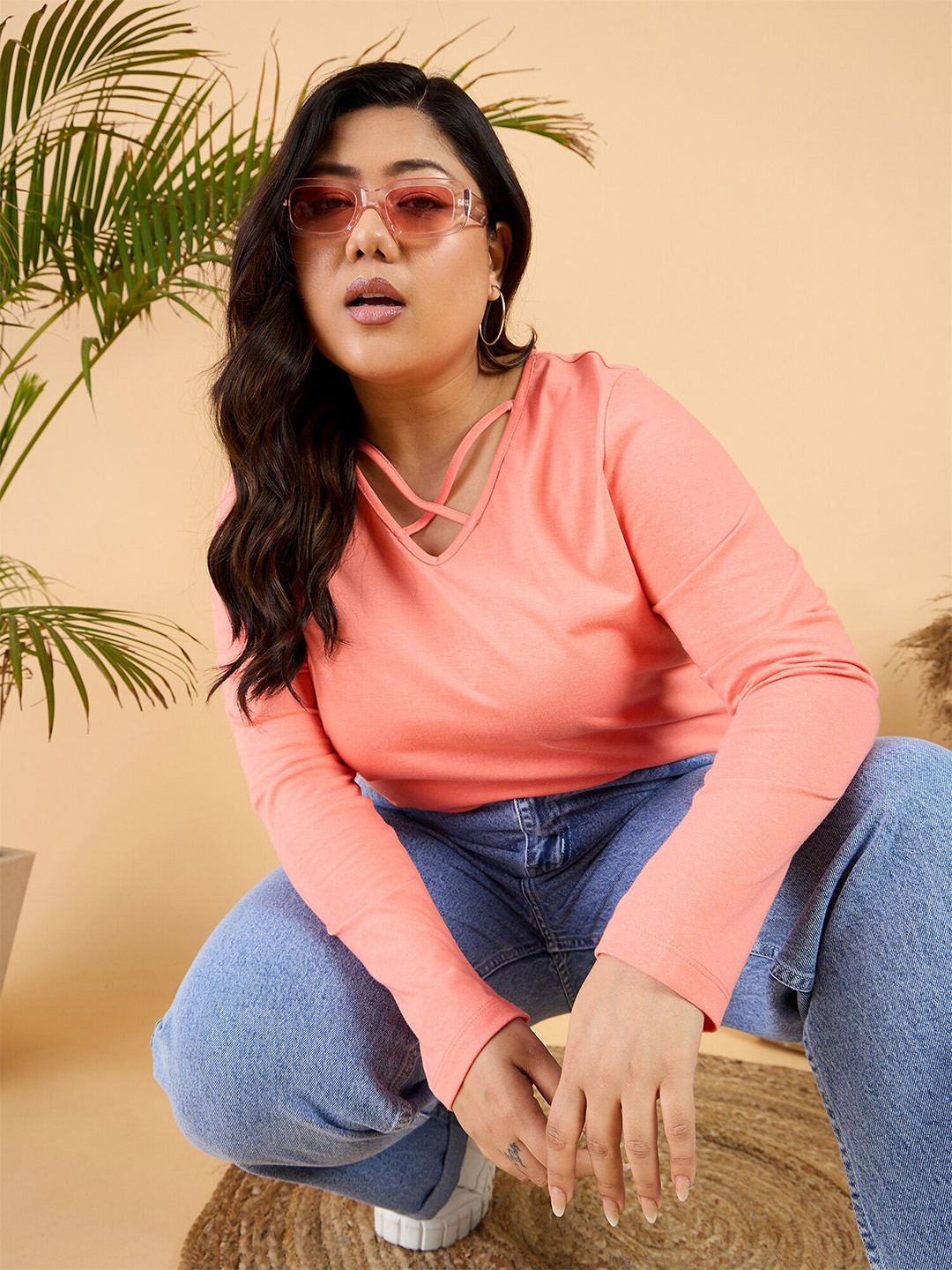 CURVY STREET Plus Size V-Neck Cotton Relaxed Fit T-shirt