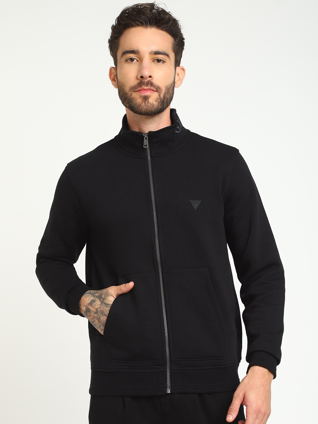 GUESS Mock Collar Long Sleeves Zip Detail Front-Open Sweatshirt