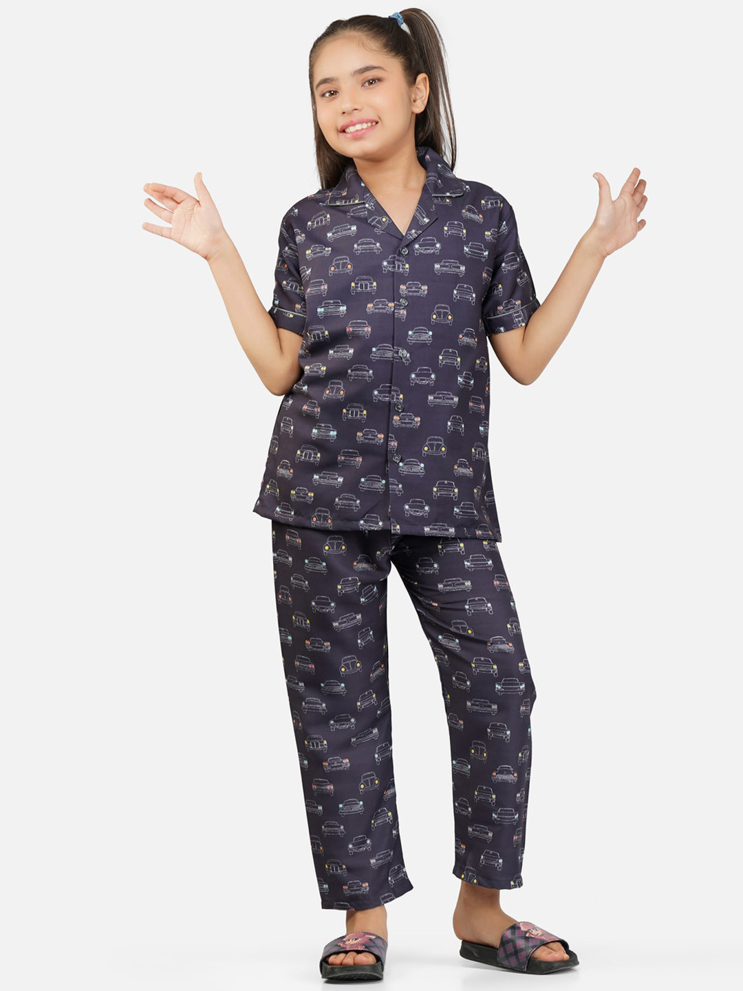 Sand Dune Girls Conversational Printed Lapel Collar Night Suit