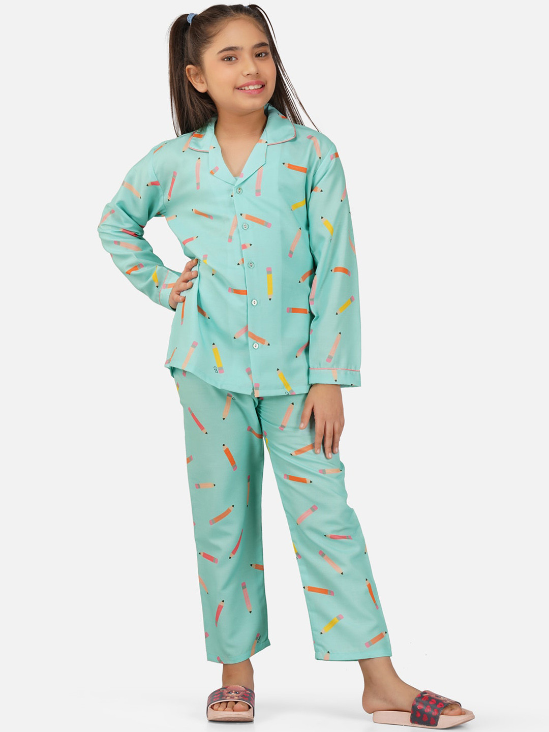 Sand Dune Girls Graphic Printed Lapel Shirt With Pyjamas
