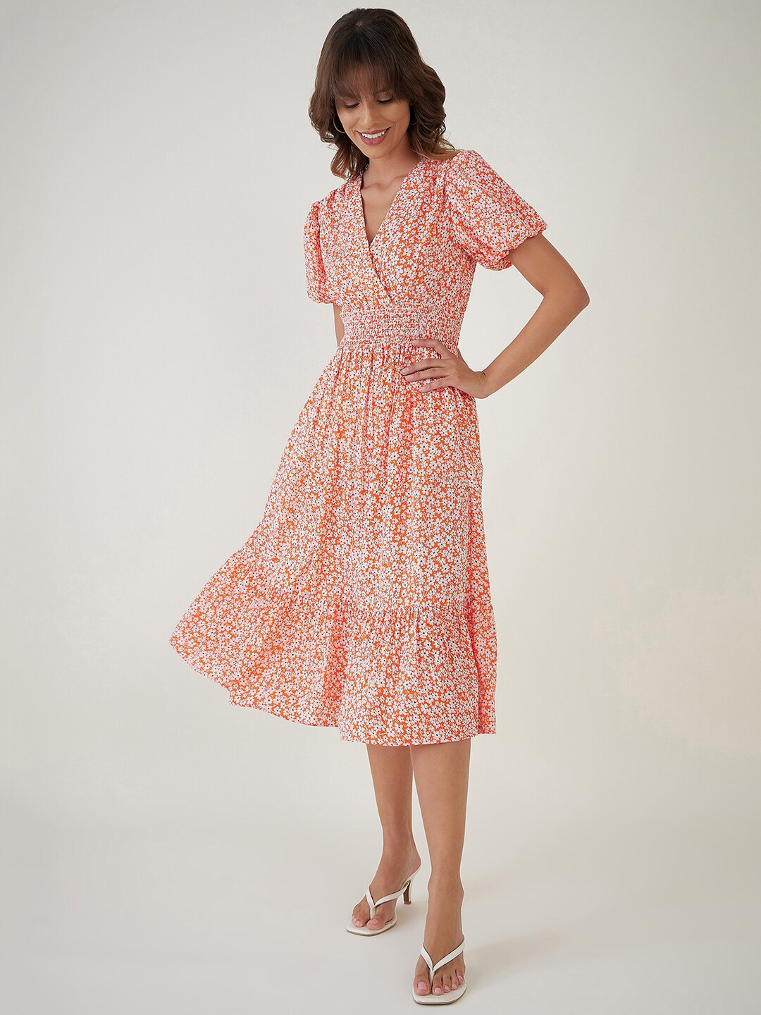 JEFF COOPER Floral Printed Puff Sleeves Fit & Flare Midi Dress