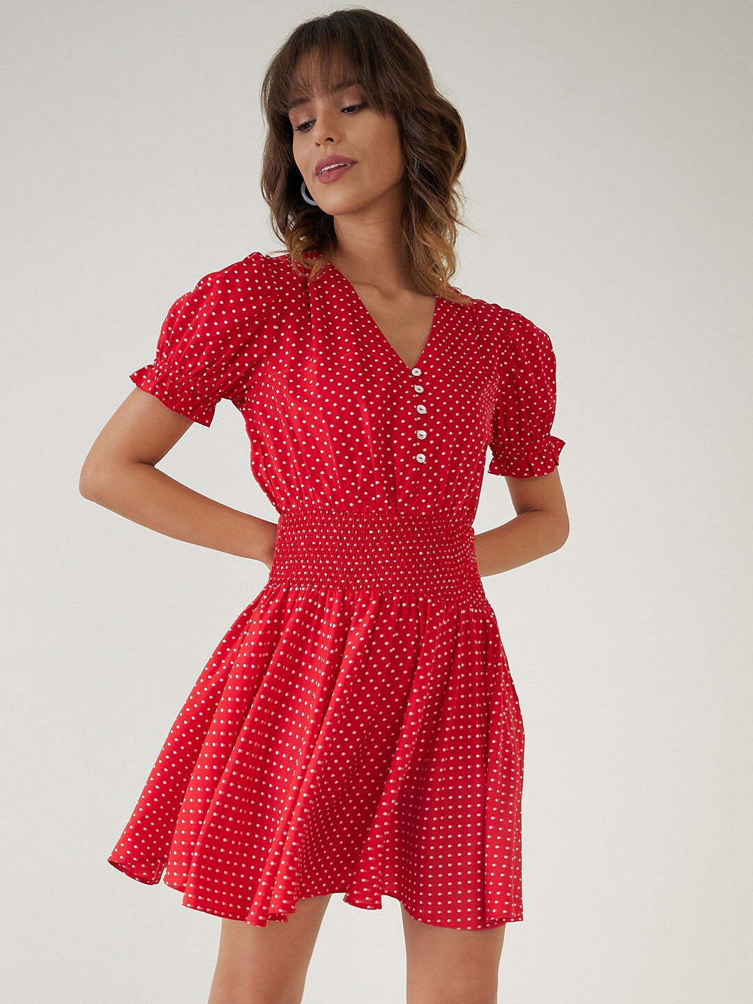 JEFF COOPER Polka Dot Printed Puff Sleeve Fit & Flare Dress