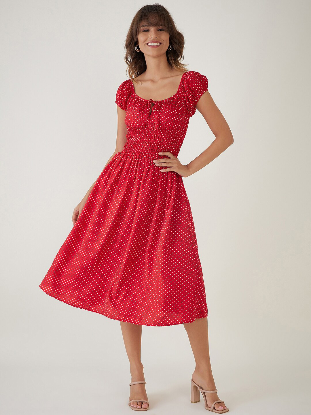 JEFF COOPER Polka Dot Printed Tie-Up Neck Fit & Flare Midi Dress