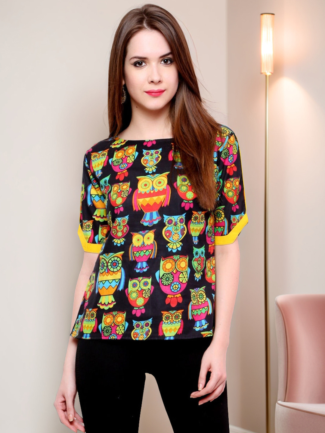 Pannkh Round Neck Extended Sleeves Graphic Printed Top