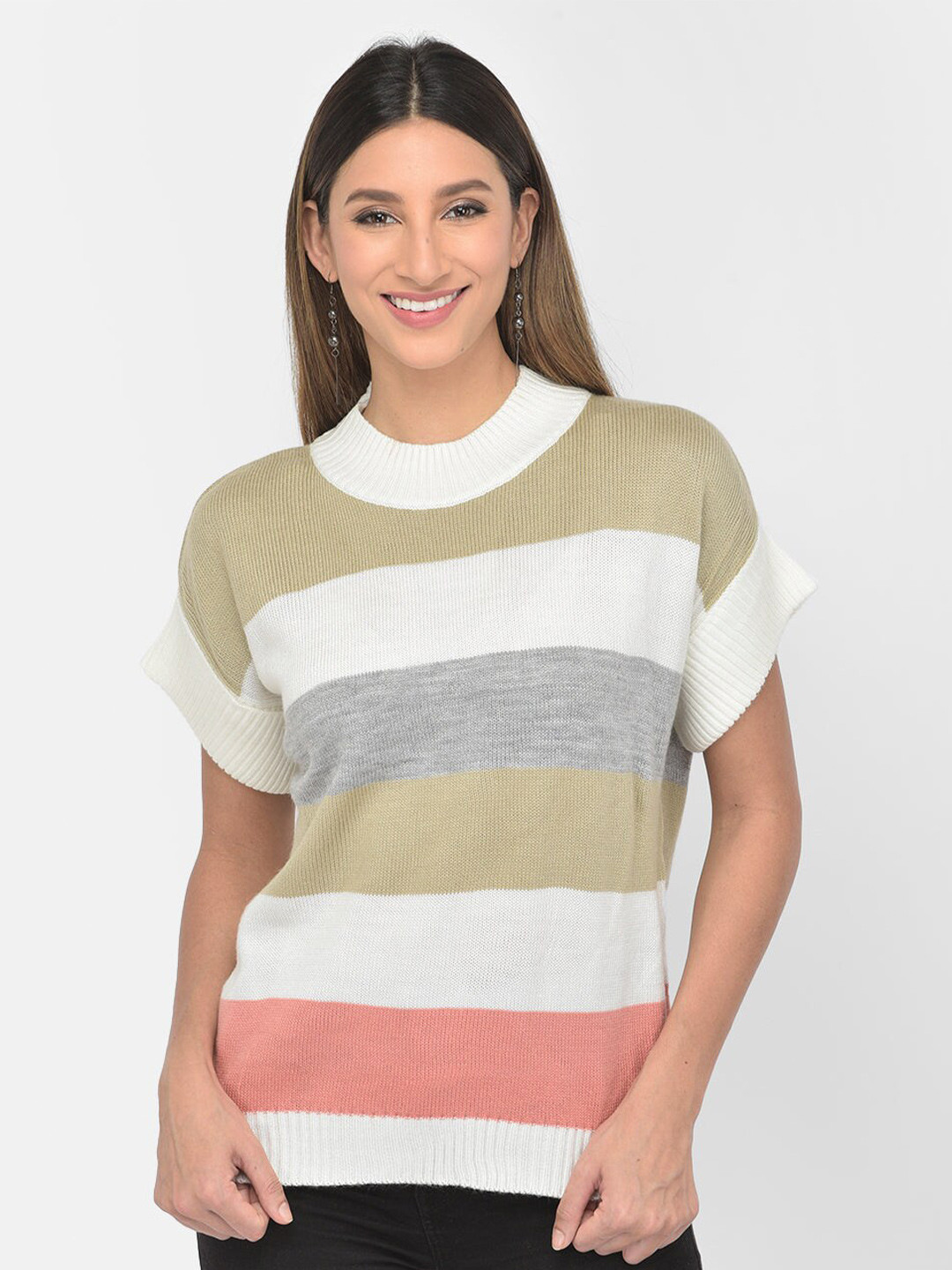 Latin Quarters Striped Mock Collar Short Sleeves Acrylic Pullover Sweater