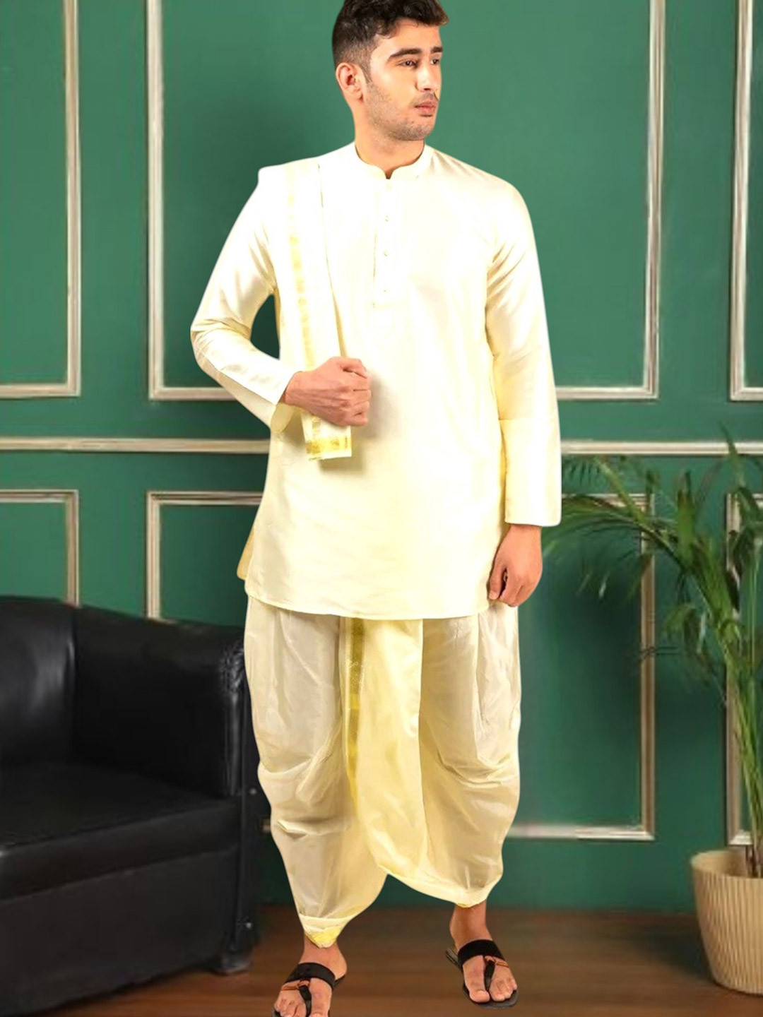 TATTVA Band Collar Zari Straight Kurta with Dhoti Pants & With Dupatta