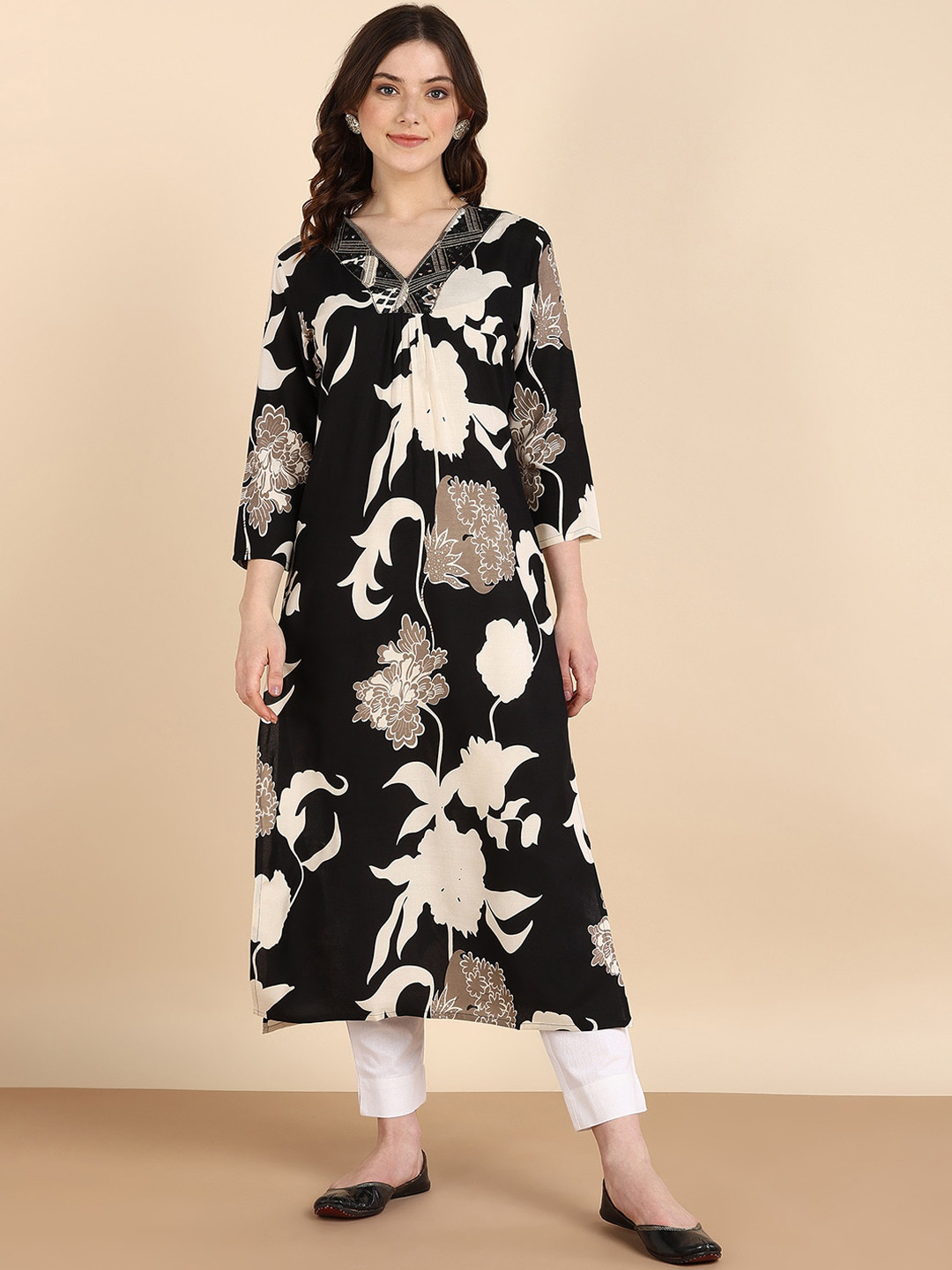 Maaesa V-Neck Floral Printed Sequinned Rayon Flared Kurta