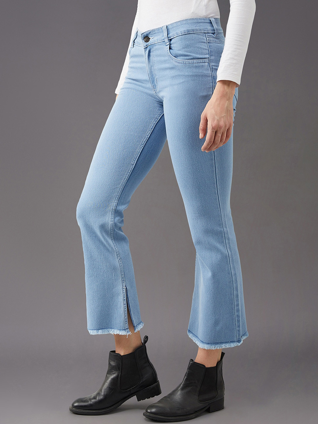 Miss Chase Women Bootcut Frayed Stretchable Cropped Jeans