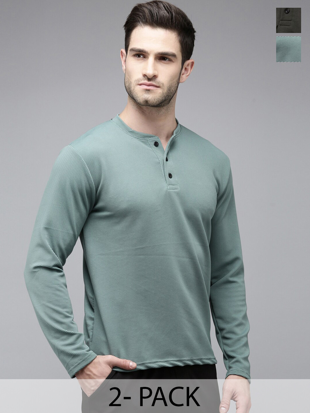 MADSTO Pack Of 2 Striped Henley Neck Long Sleeves T-shirts