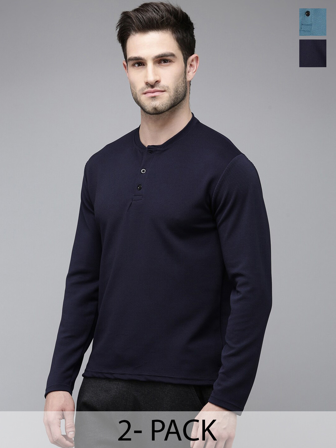 MADSTO Pack Of 2 Striped Henley Neck Long Sleeves T-shirts